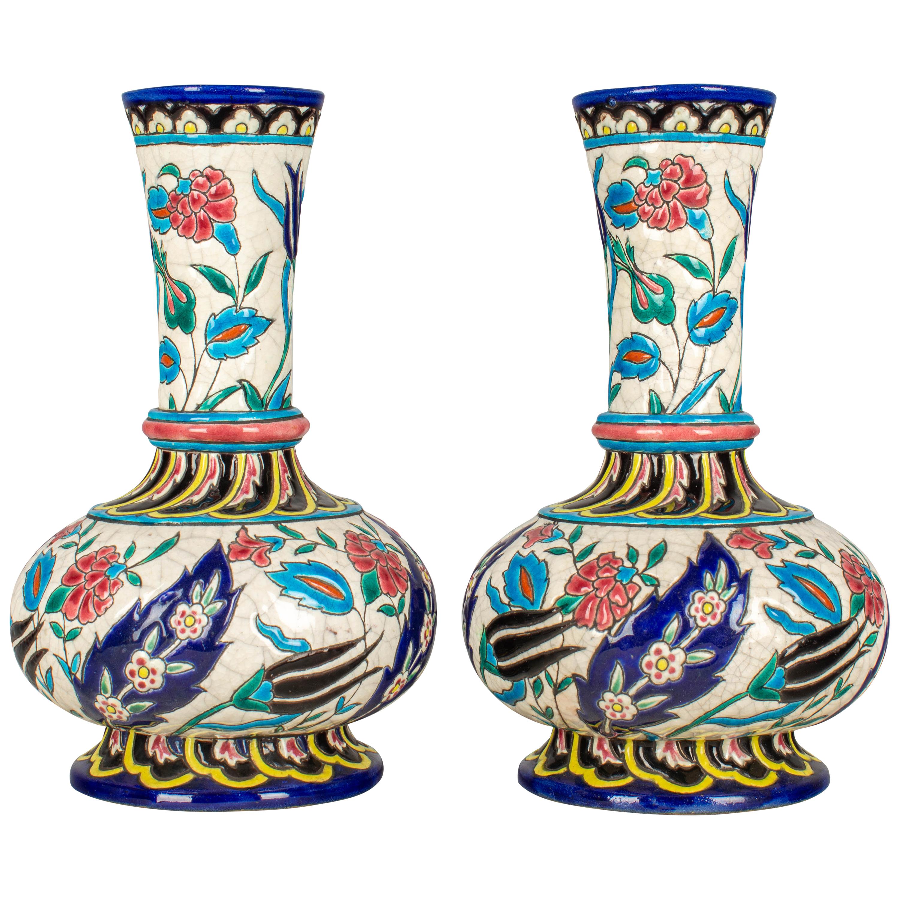 French Longwy Ceramic Cloisonné Vases, Pair of the 19th Century