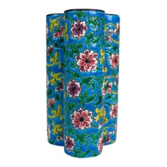 French Longwy Pottery Floral Decorated Triple Bud Vase, Signed, C1900