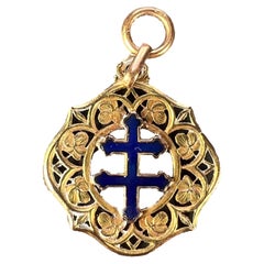 French Lorraine Cross 18K Yellow Gold Enamel Charm Pendant