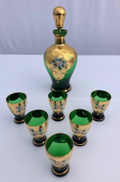 French Lorraine Handblown, Hand-Painted Enameled Liquor Set, Late 1800s