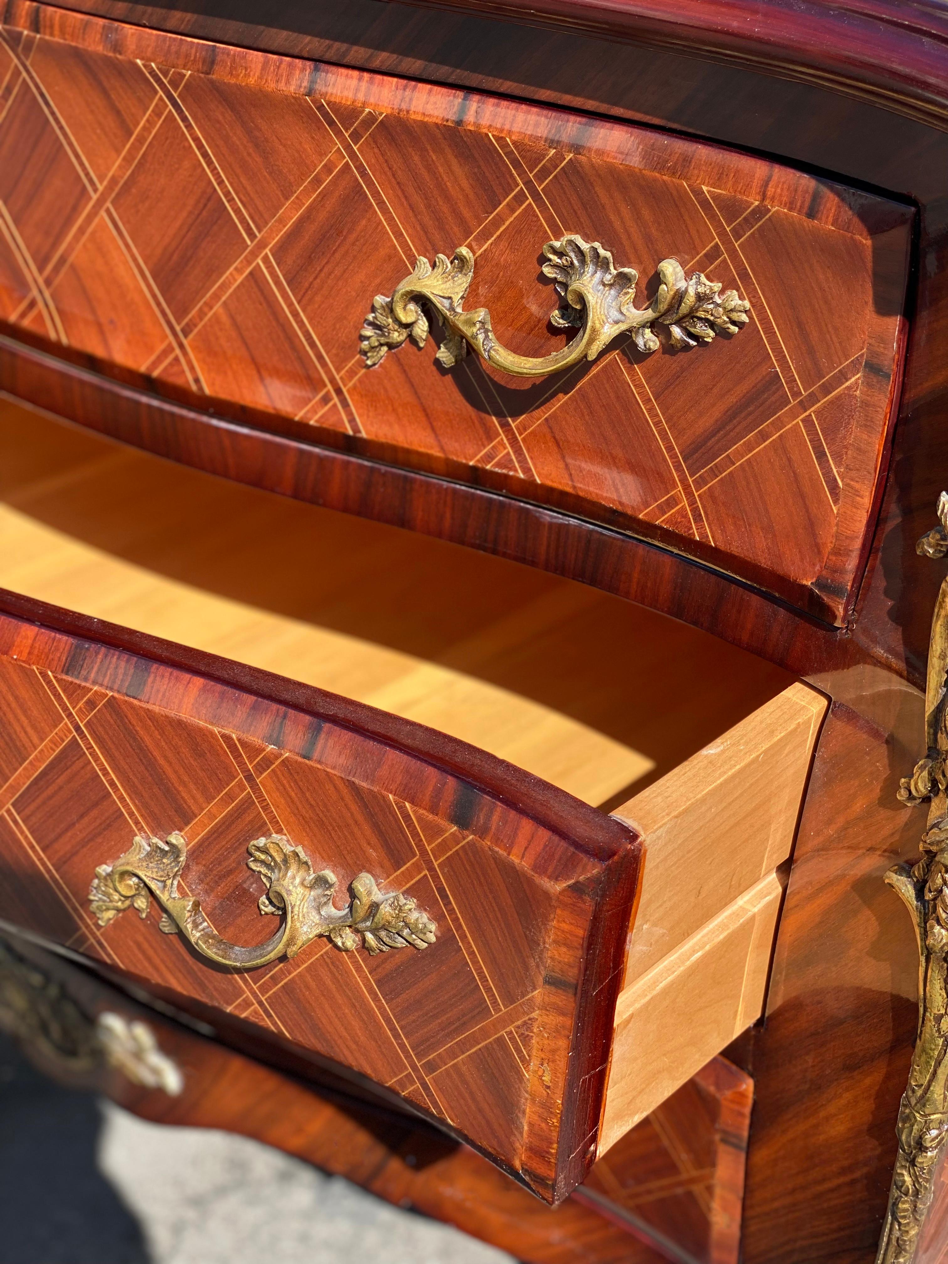 French Louis Antique Inlay and Gilt Bombe Commode Chest For Sale 3