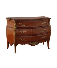 French Louis Antique Inlay and Gilt Bombe Commode Chest
