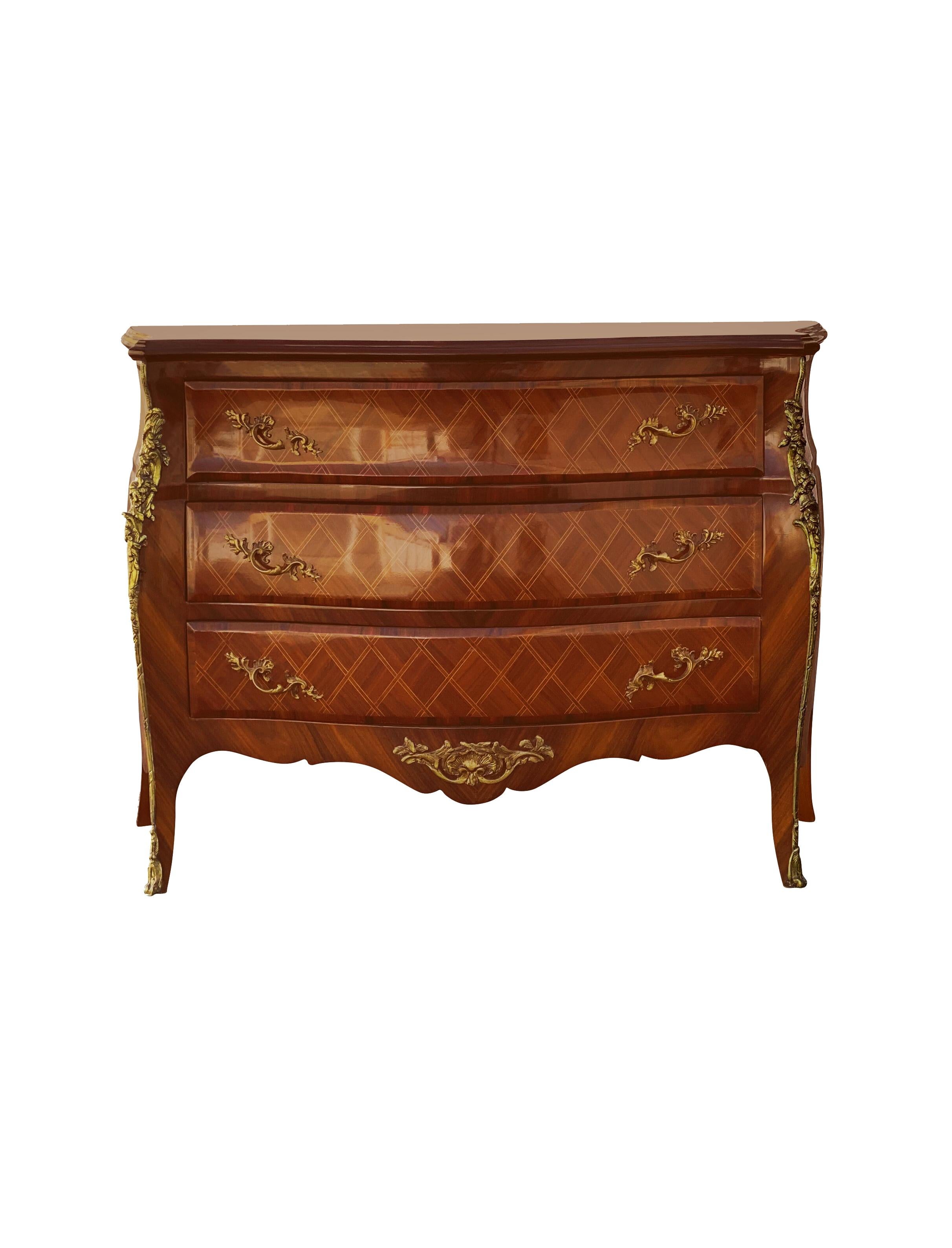 Louis XIV French Louis Antique Inlay and Gilt Bombe Commode Chest For Sale