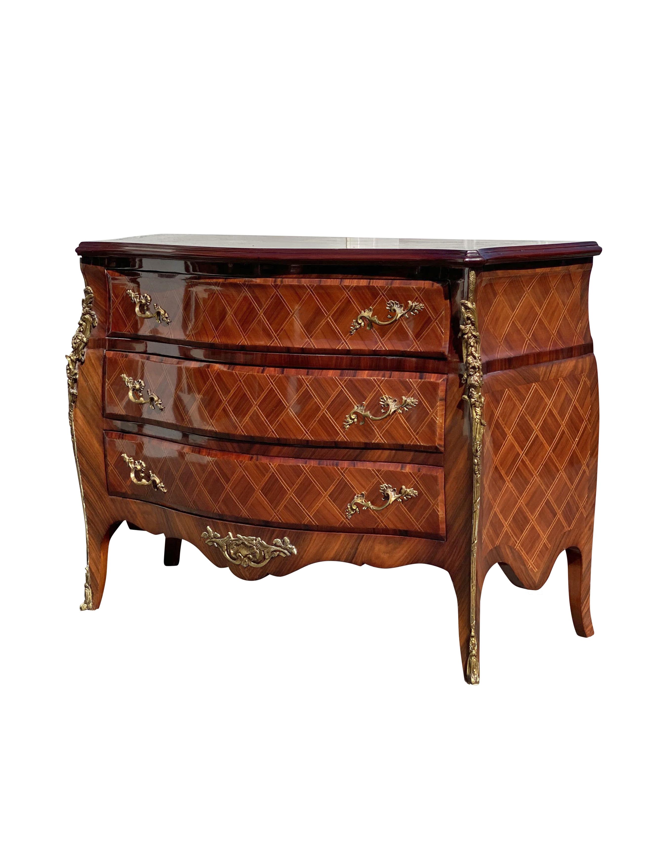 Unknown French Louis Antique Inlay and Gilt Bombe Commode Chest For Sale