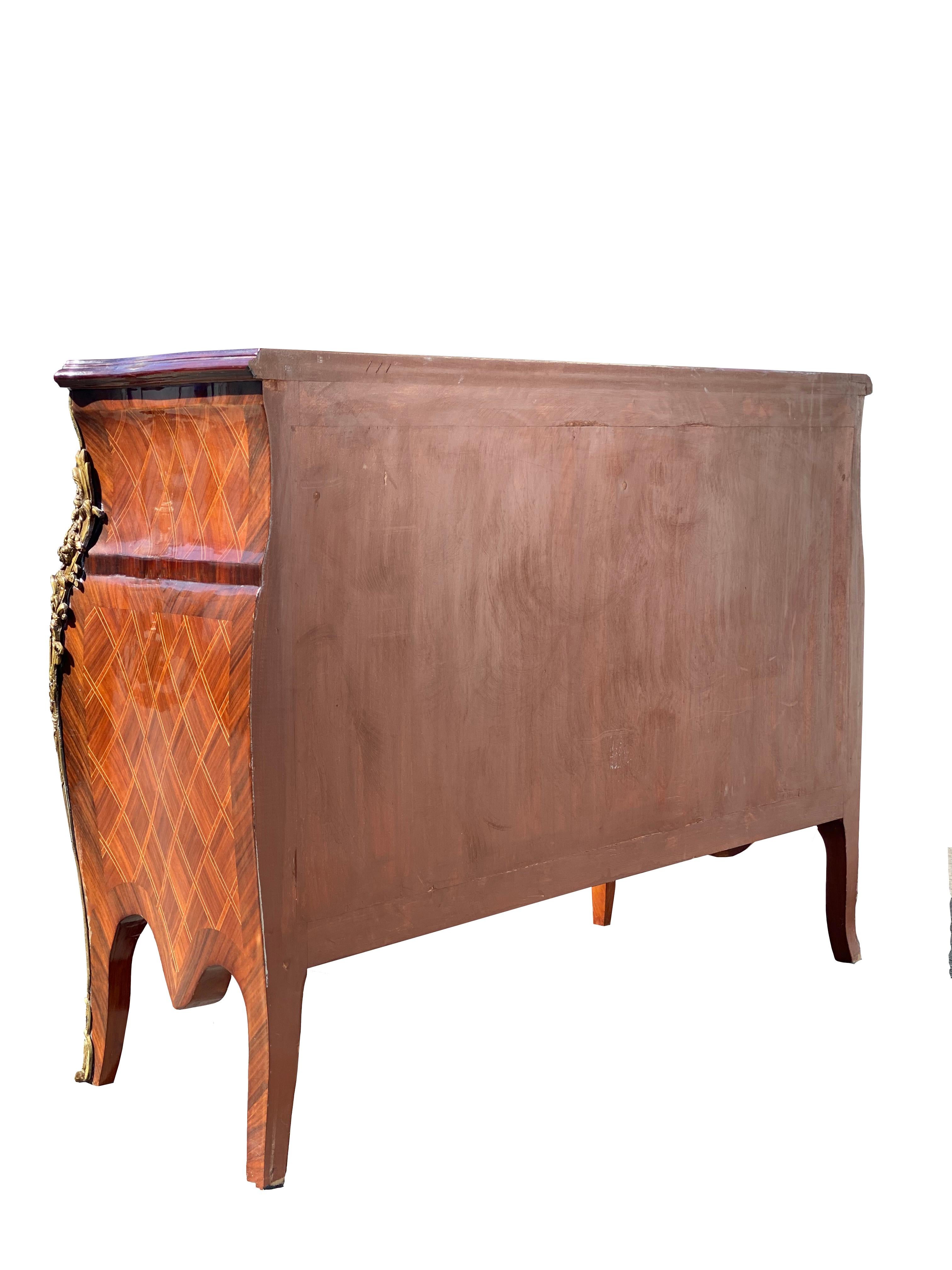 French Louis Antique Inlay and Gilt Bombe Commode Chest In Good Condition For Sale In Beverly Hills, CA