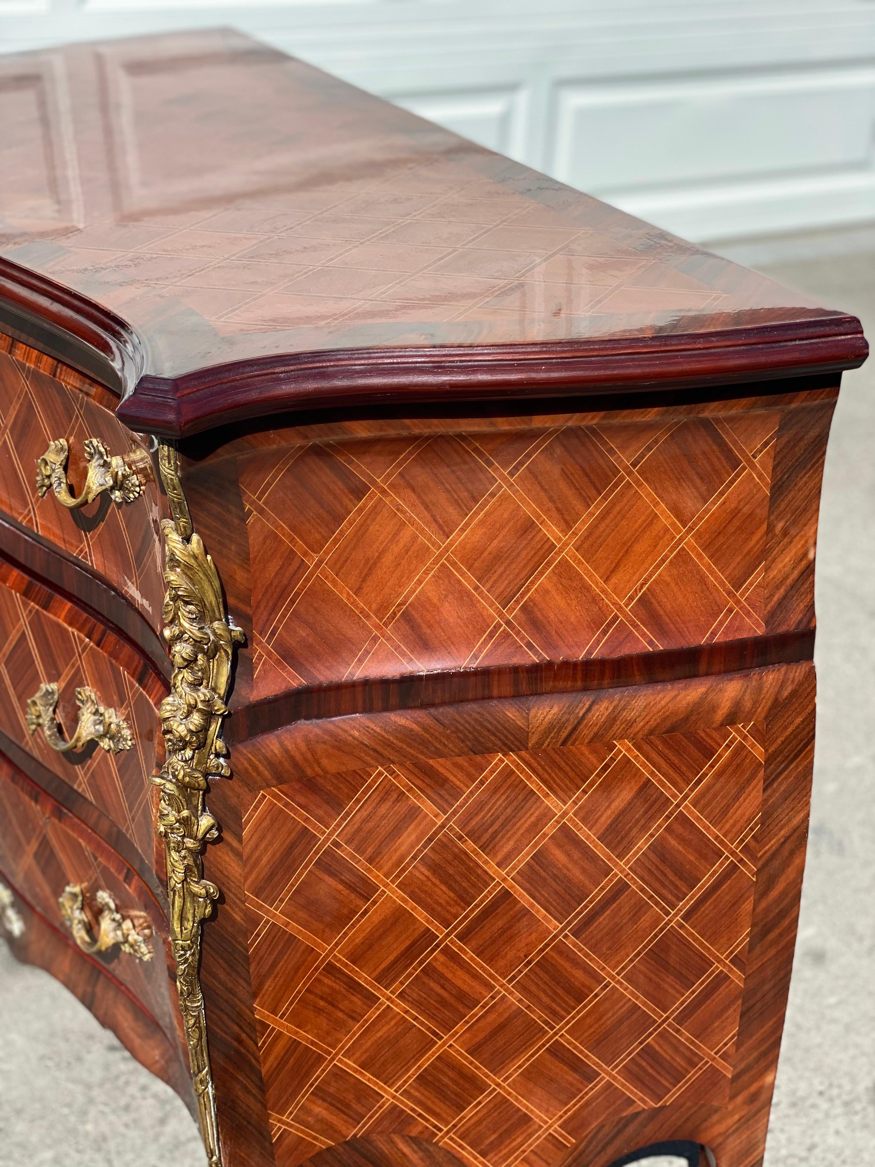 20th Century French Louis Antique Inlay and Gilt Bombe Commode Chest For Sale