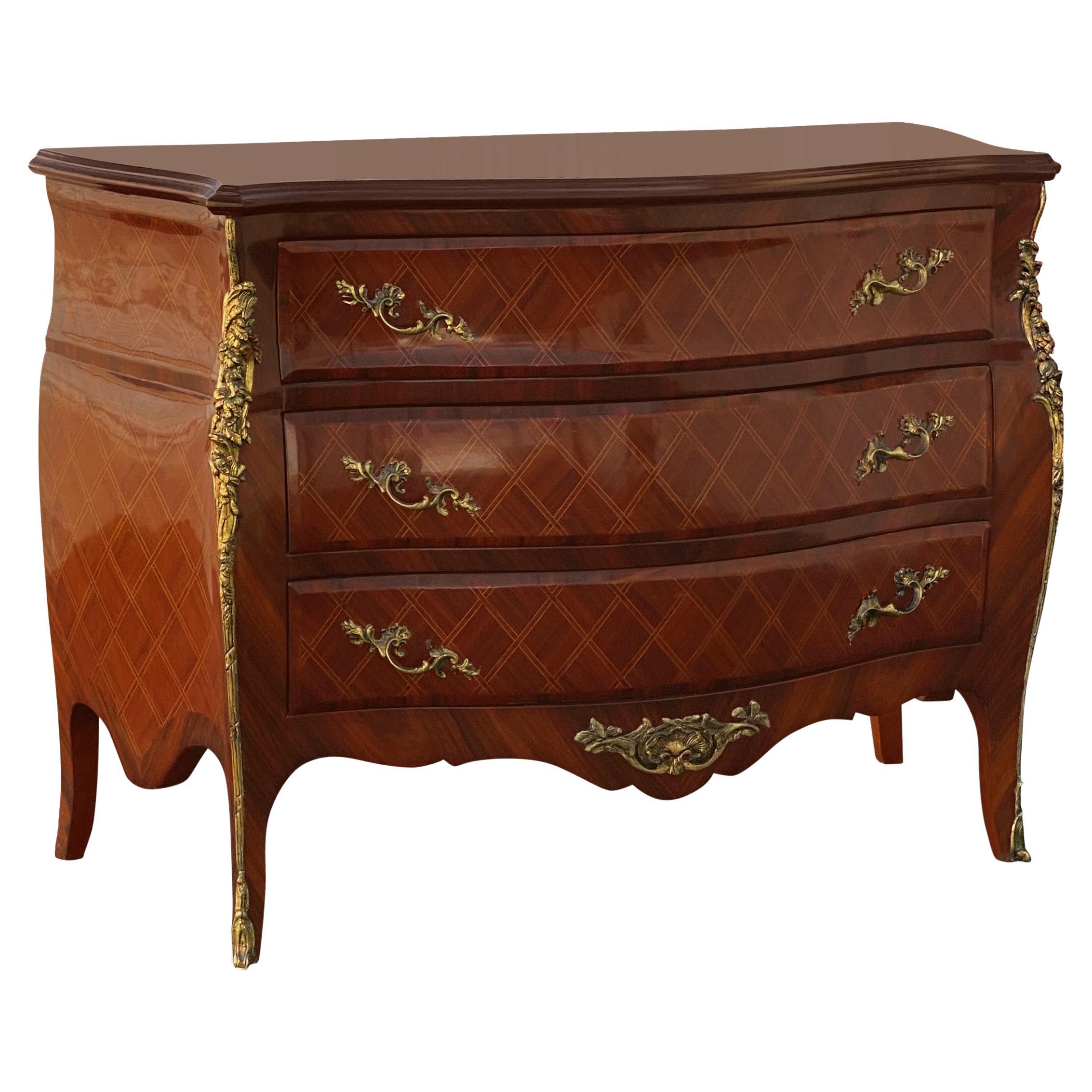 French Louis Antique Inlay and Gilt Bombe Commode Chest For Sale