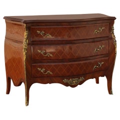 French Louis Antique Inlay and Gilt Bombe Commode Chest