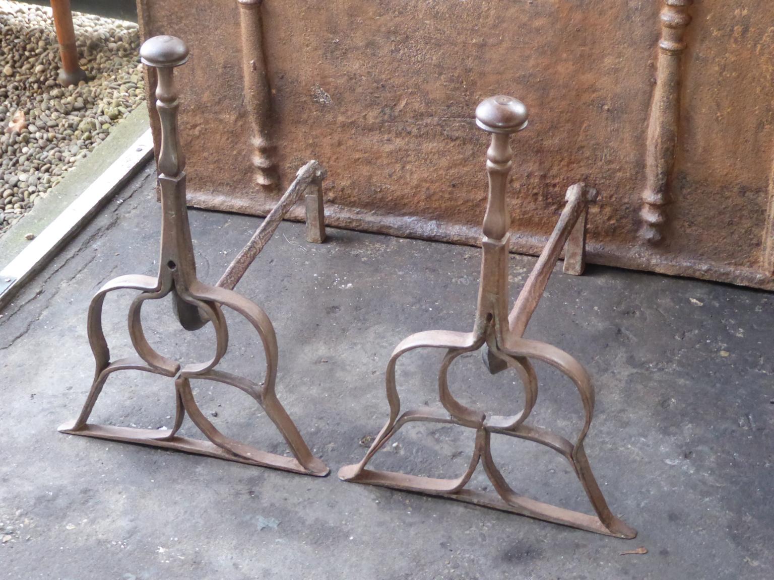 Forged Dutch Louis III Andirons or Firedogs, 17th Century For Sale