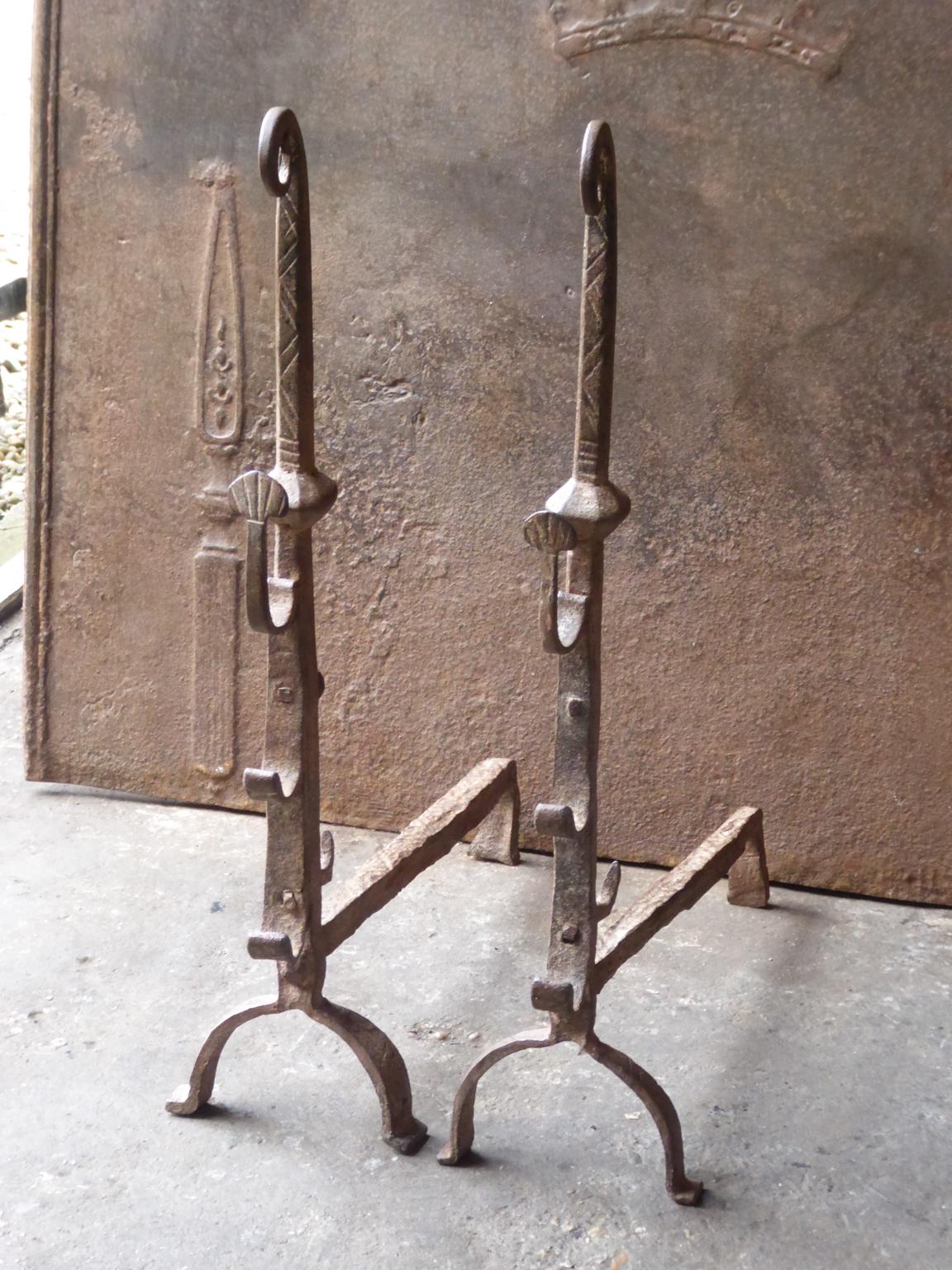 Forged French Louis III Andirons or Firedogs, 17th Century For Sale