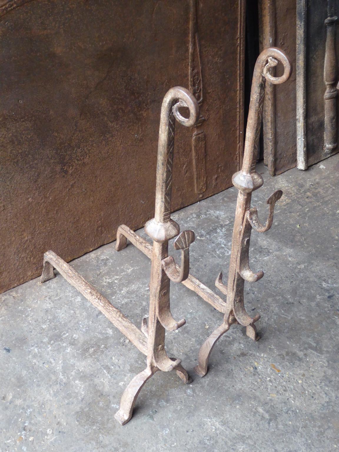 Wrought Iron French Louis III Andirons or Firedogs, 17th Century For Sale