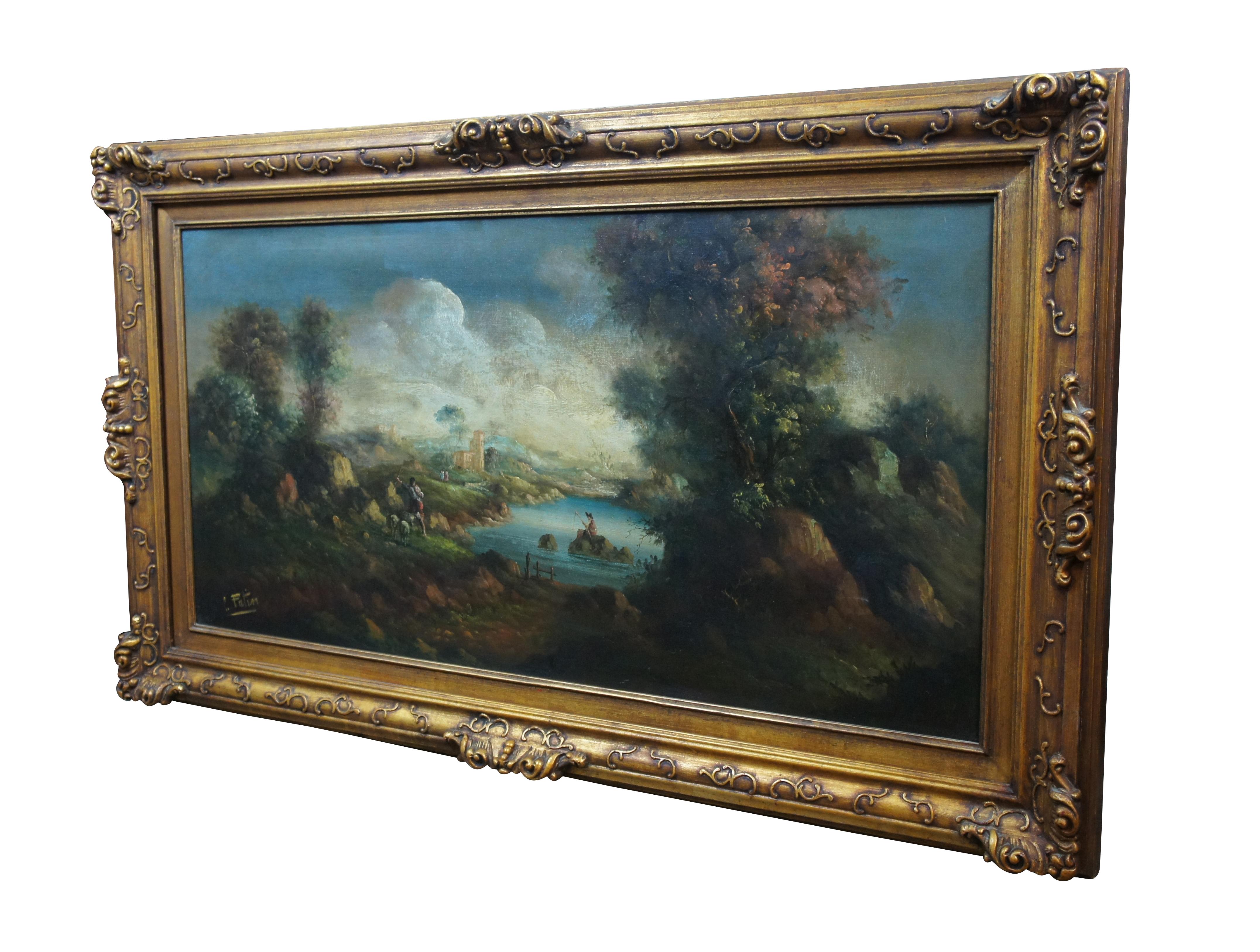 Vintage French Old World / Renaissance style oil painting on canvas showing a sweeping landscape, a shepherd, a man fishing on a lake, and a pair of figures by a distant stone castle. After Louis Joseph Alphonse Patin. Giltwood frame with carved