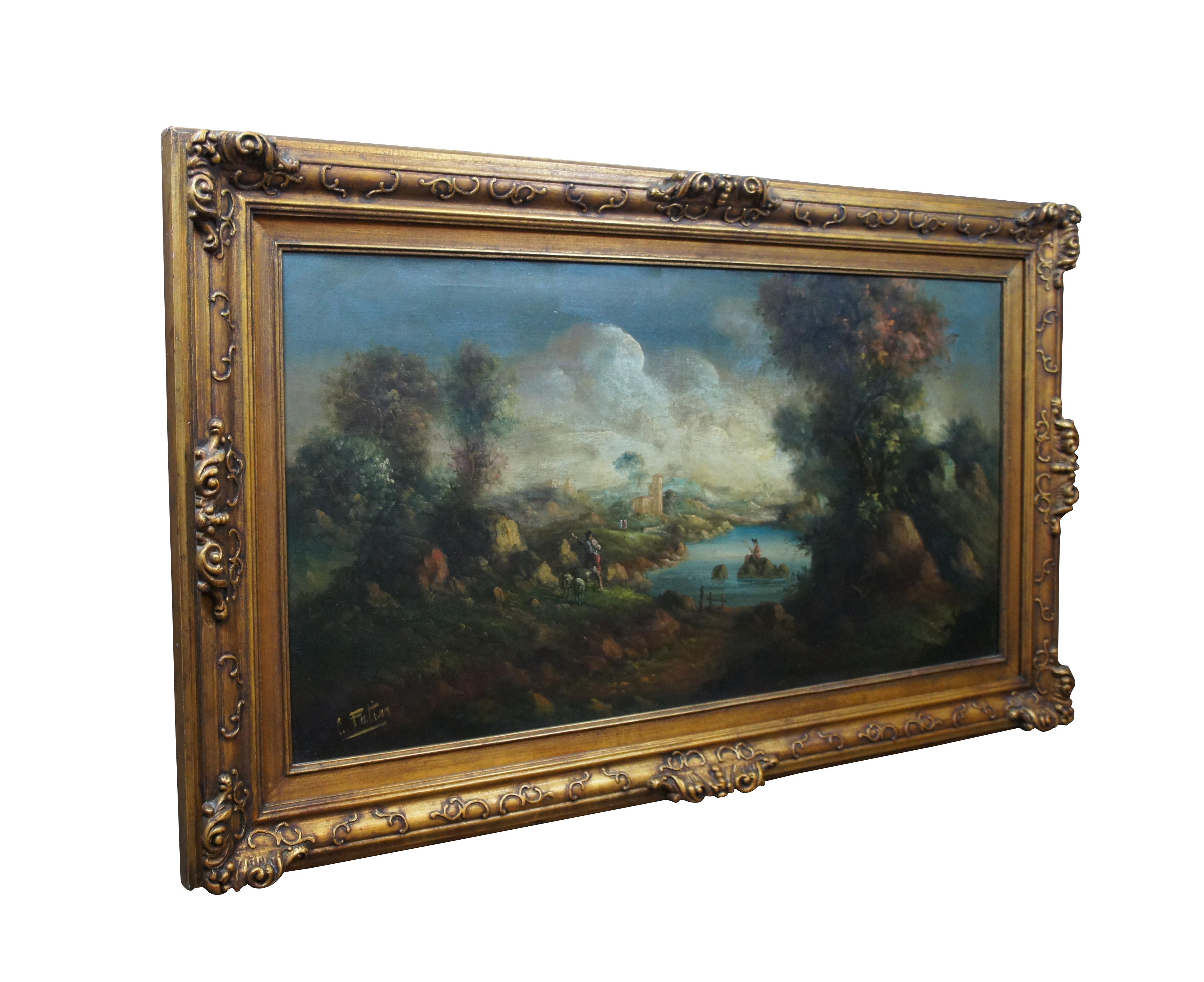 French Provincial French Louis Patin Country Landscape Shepherd Fisherman Oil Painting 58