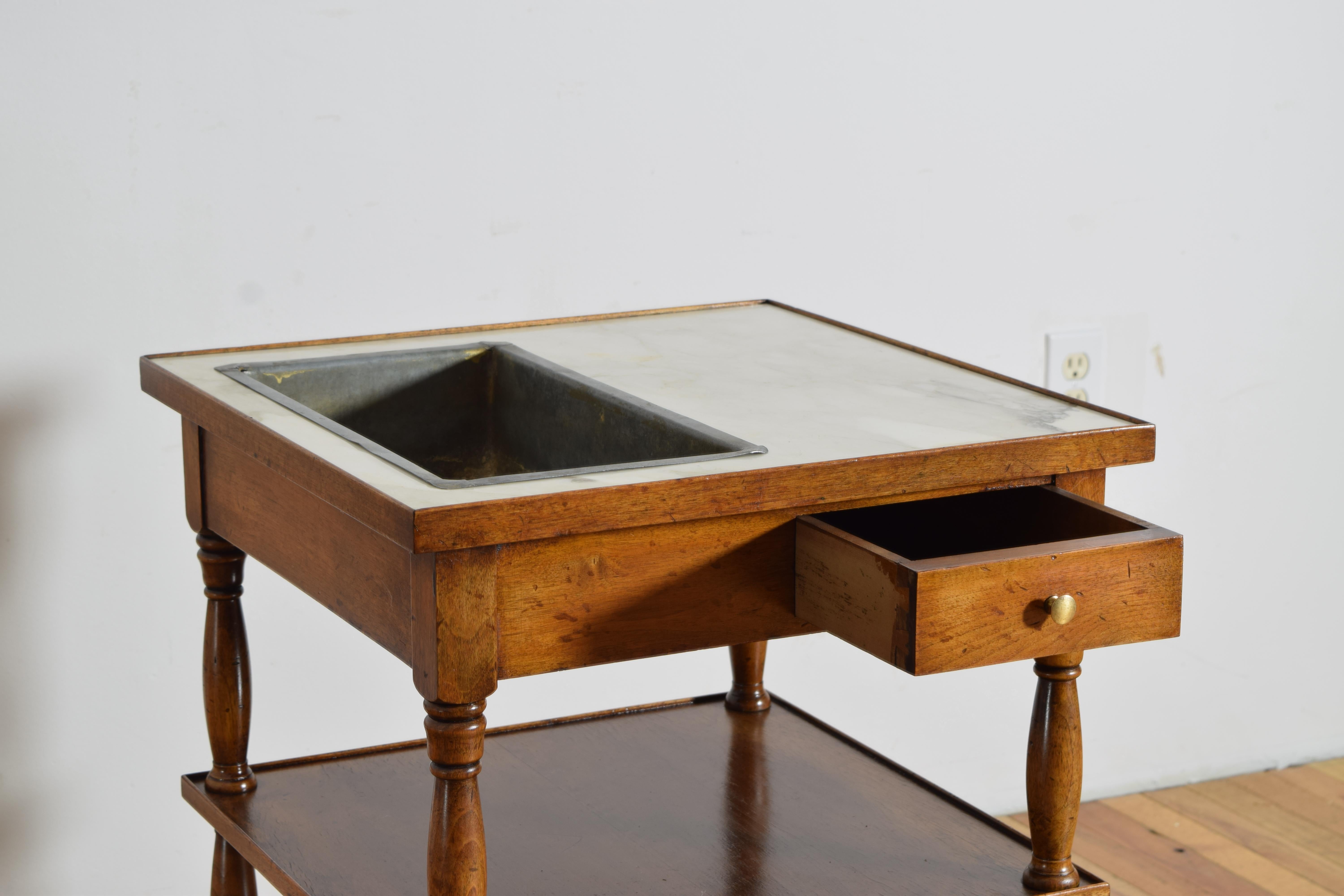 Mid-19th Century French Louis Philipe Walnut, Marble, & Zinc Table de Rafraichissoir, circa 1840 For Sale