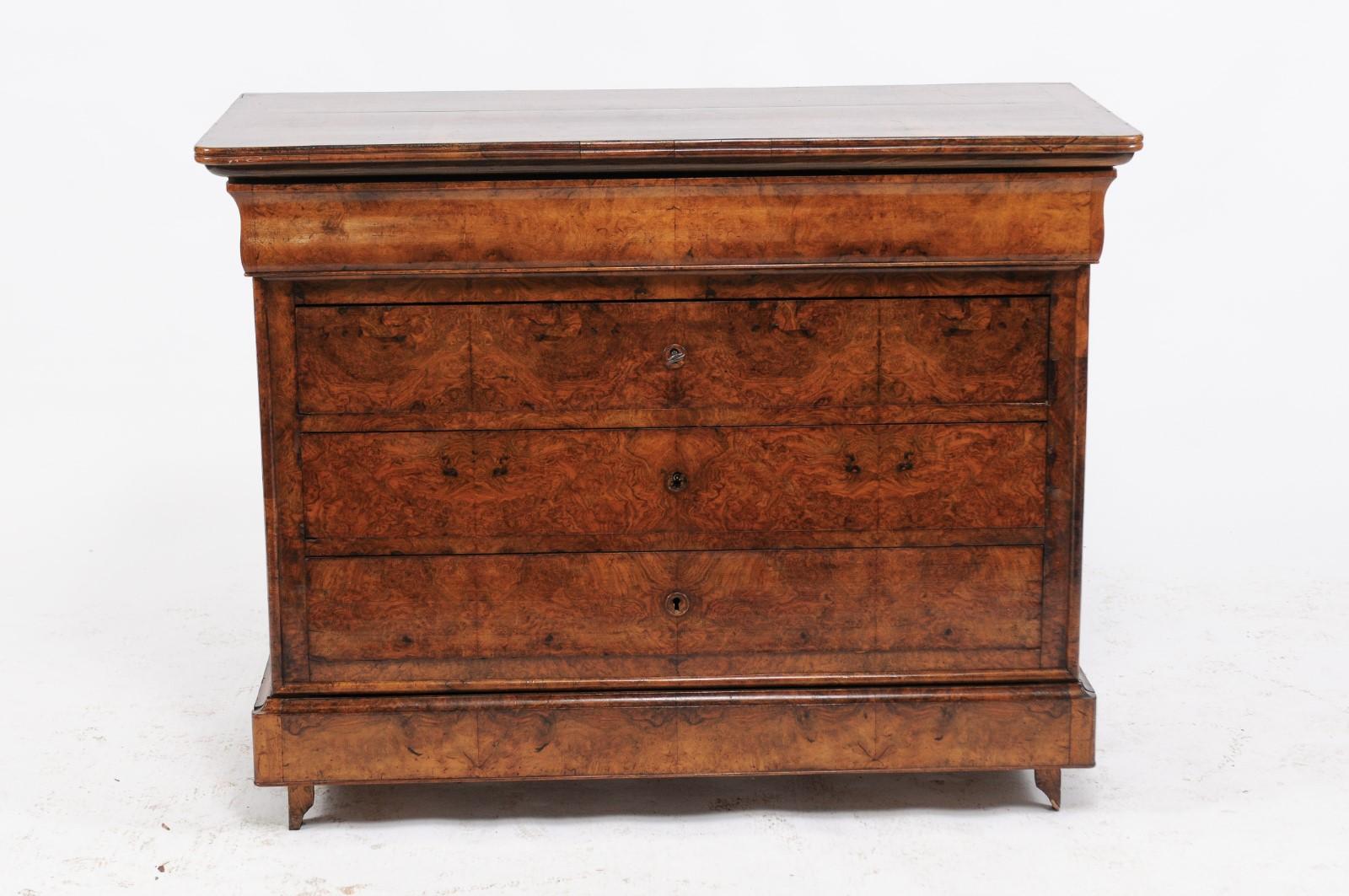 French Louis-Philippe 1850s Burled Wood Five-Drawer Commode with Bookmark Veneer 1