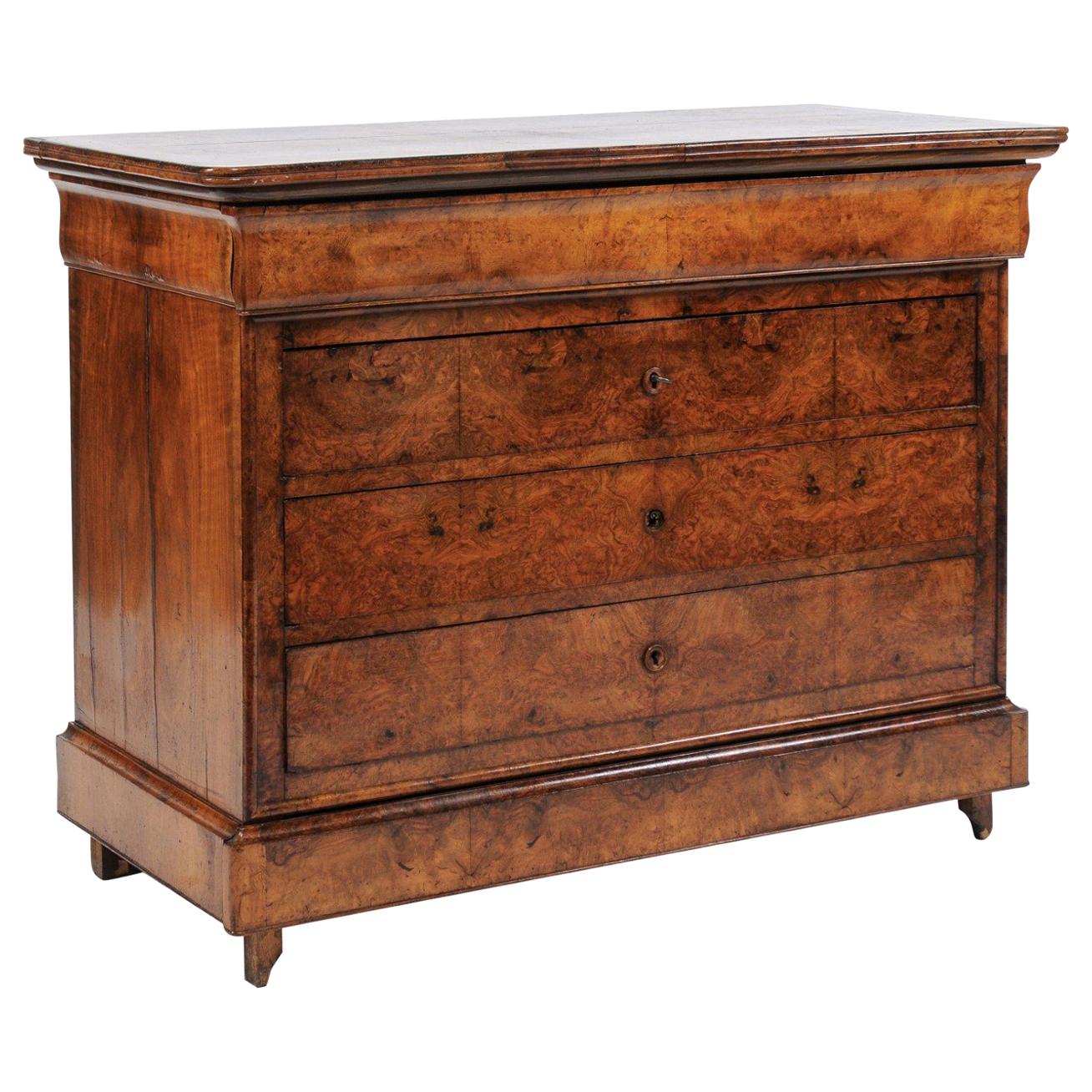 French Louis-Philippe 1850s Burled Wood Five-Drawer Commode with Bookmark Veneer