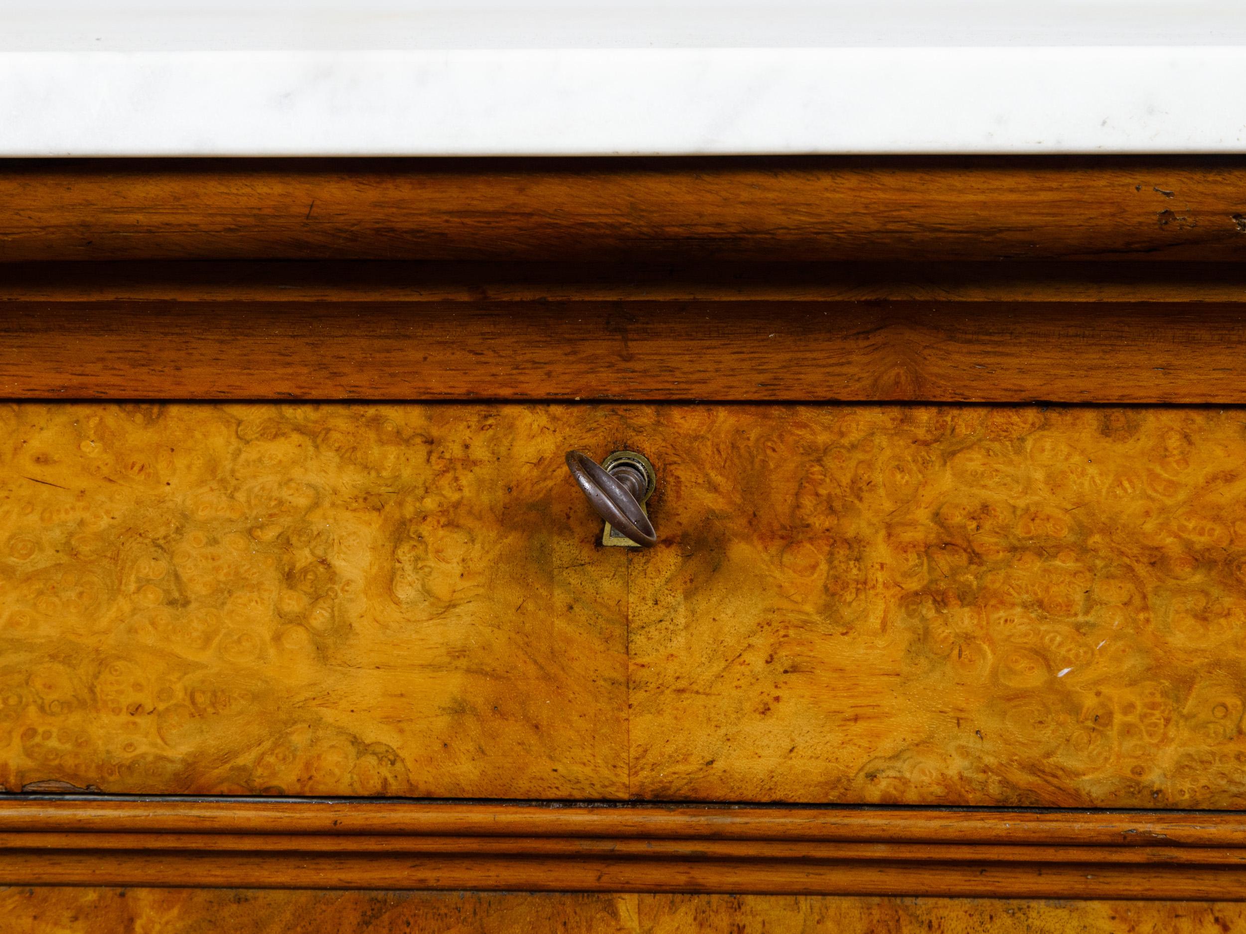 French Louis-Philippe 1850s Walnut Four-Drawer Commode with White Marble Top 4