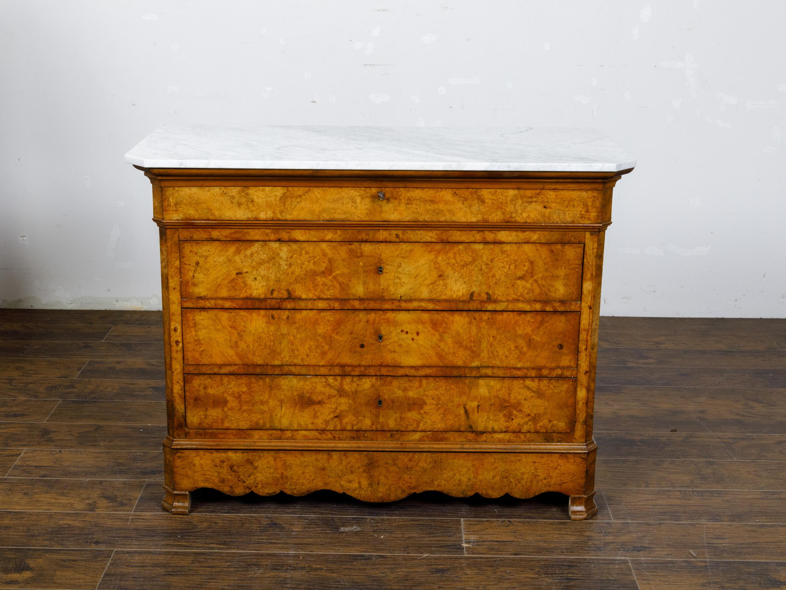 French Louis-Philippe 1850s Walnut Four-Drawer Commode with White Marble Top 8