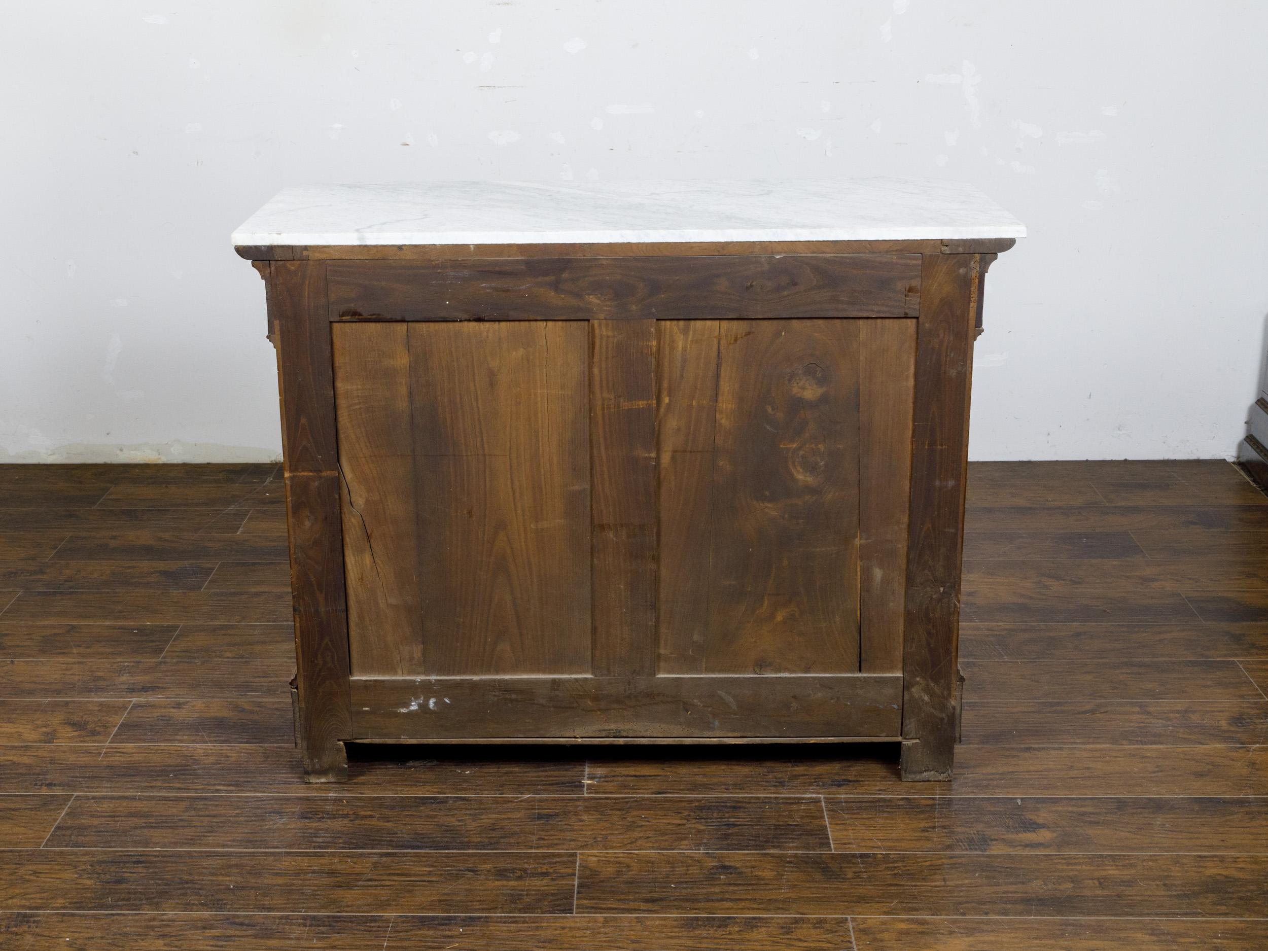 Carved French Louis-Philippe 1850s Walnut Four-Drawer Commode with White Marble Top