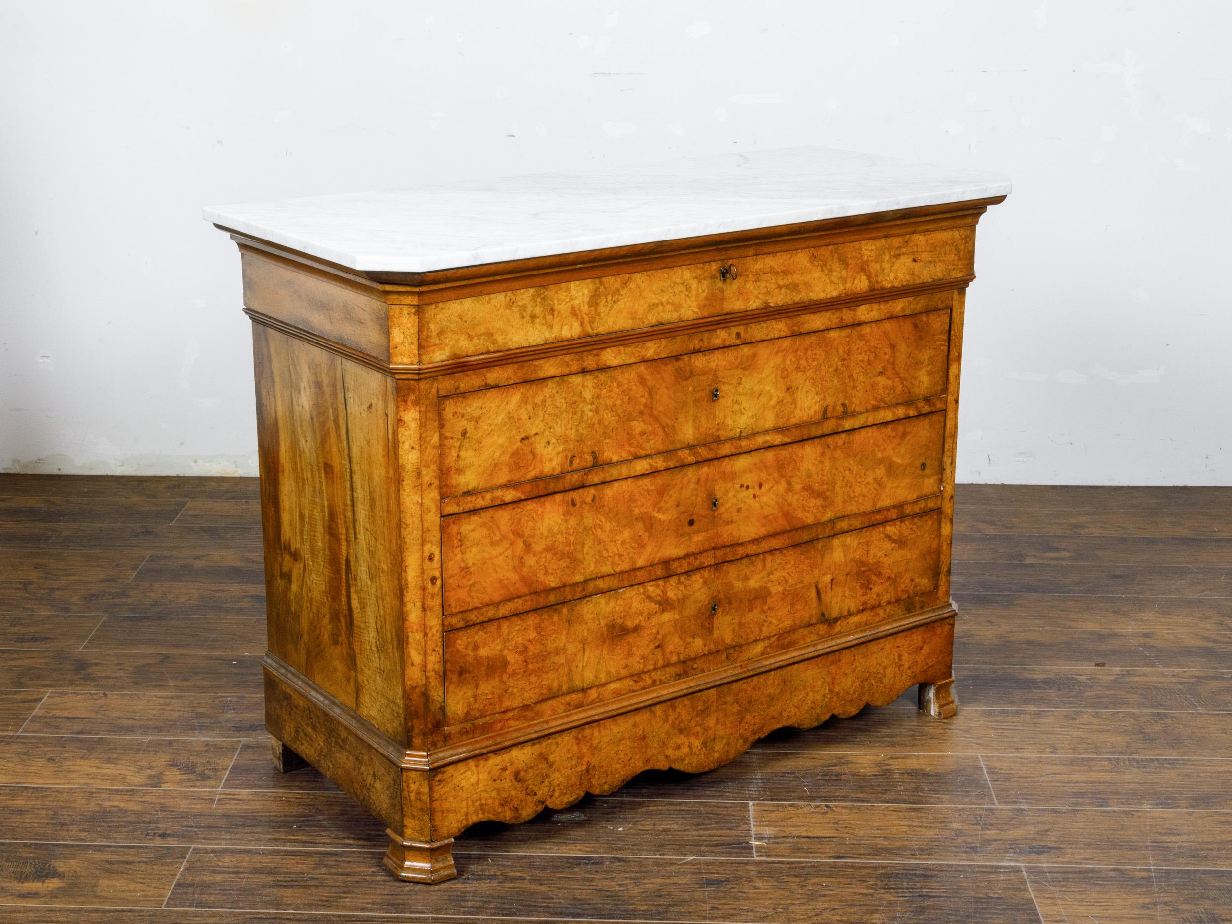 19th Century French Louis-Philippe 1850s Walnut Four-Drawer Commode with White Marble Top