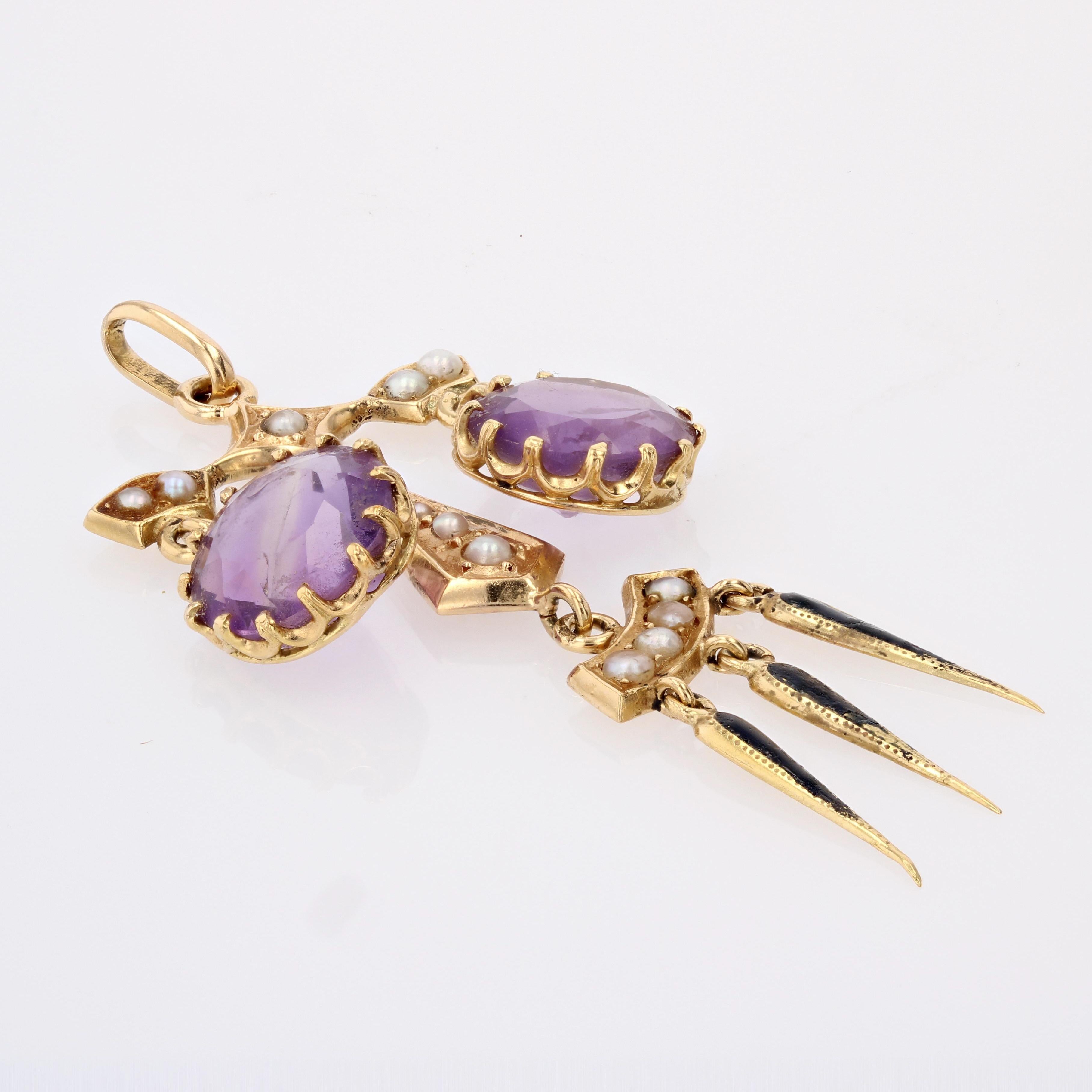 Romantic French Louis-Philippe Amethysts Natural Pearl Black Enamel Pendant Necklace For Sale