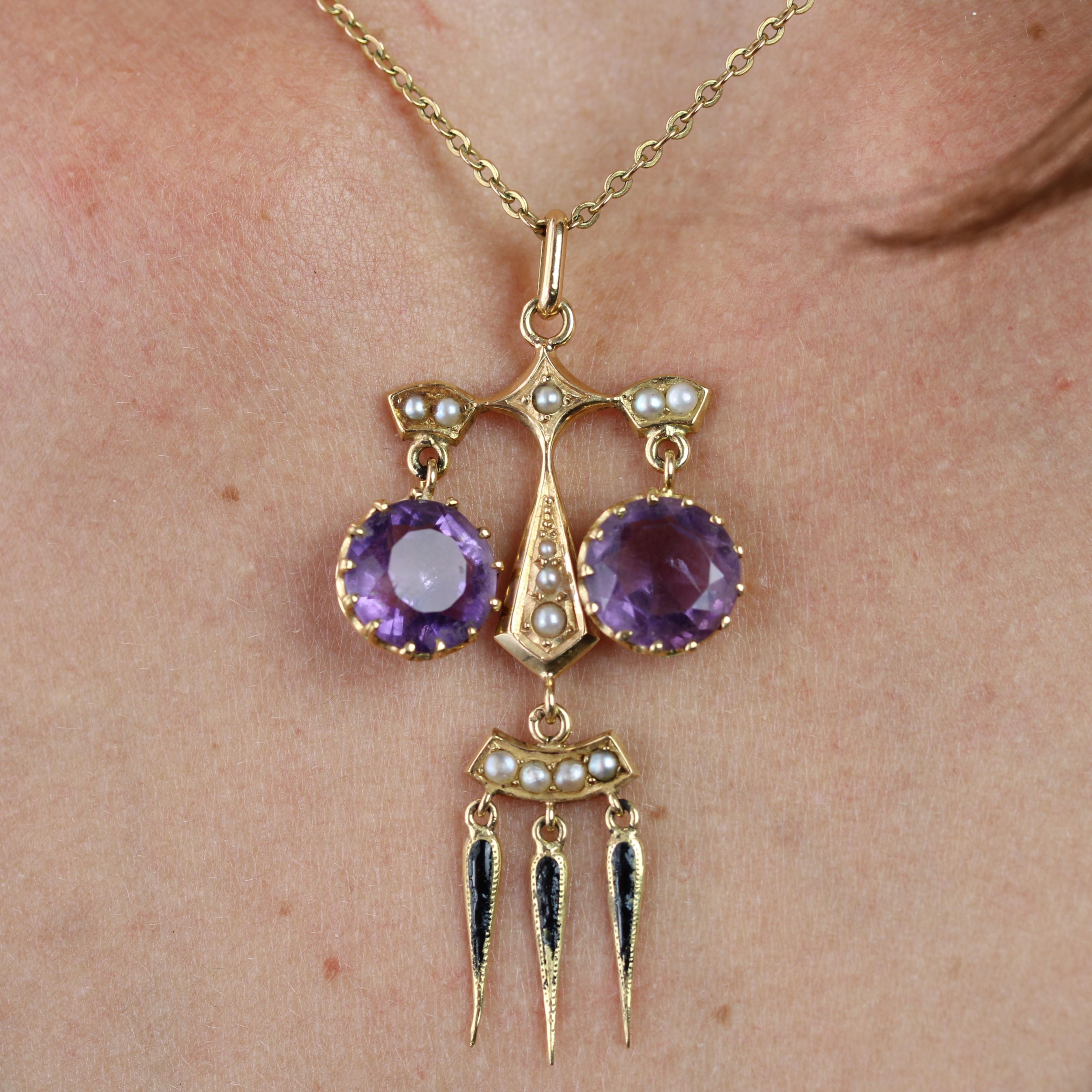 French Louis-Philippe Amethysts Natural Pearl Black Enamel Pendant Necklace For Sale 1