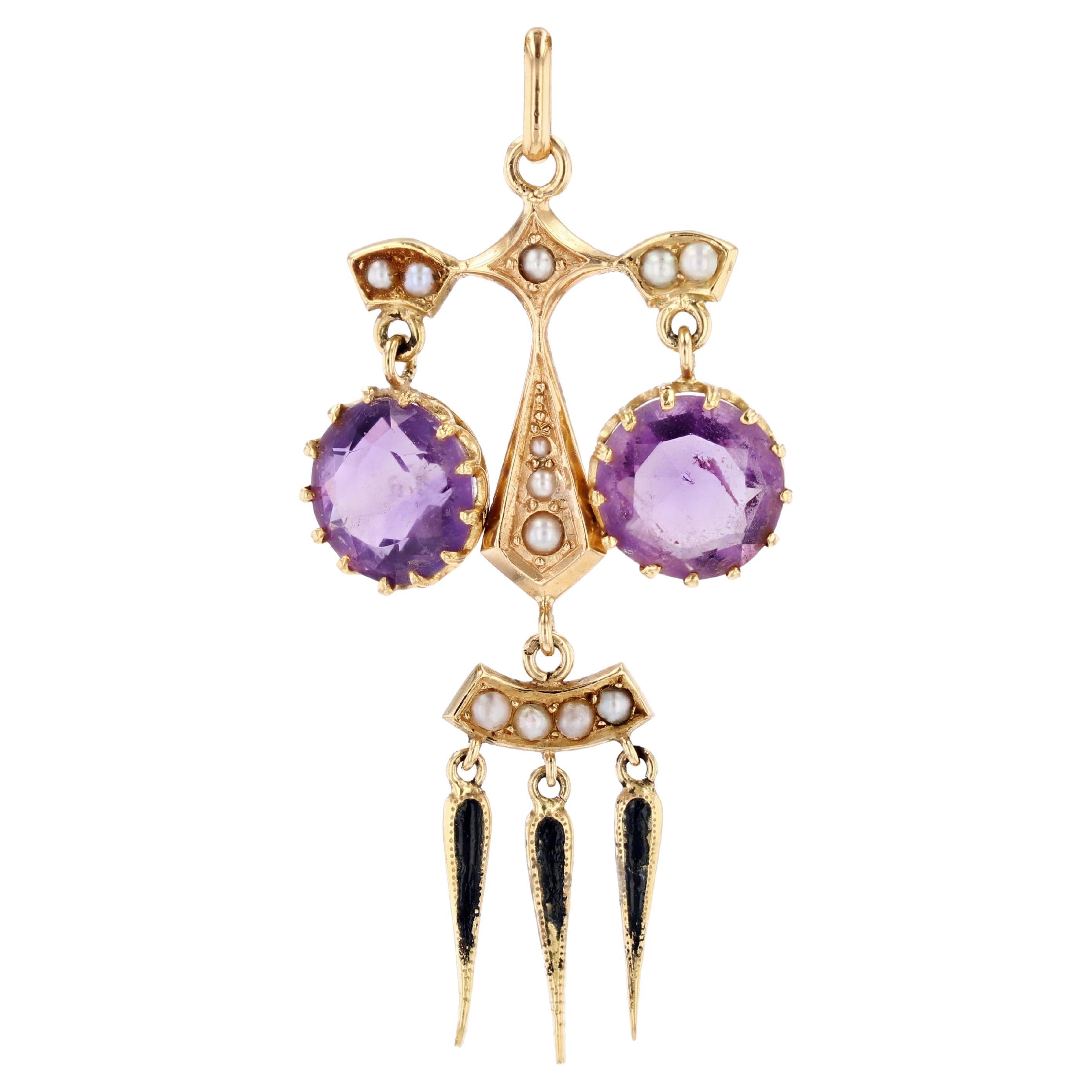 French Louis-Philippe Amethysts Natural Pearl Black Enamel Pendant Necklace