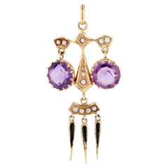 French Louis-Philippe Amethysts Natural Pearl Black Enamel Pendant Necklace