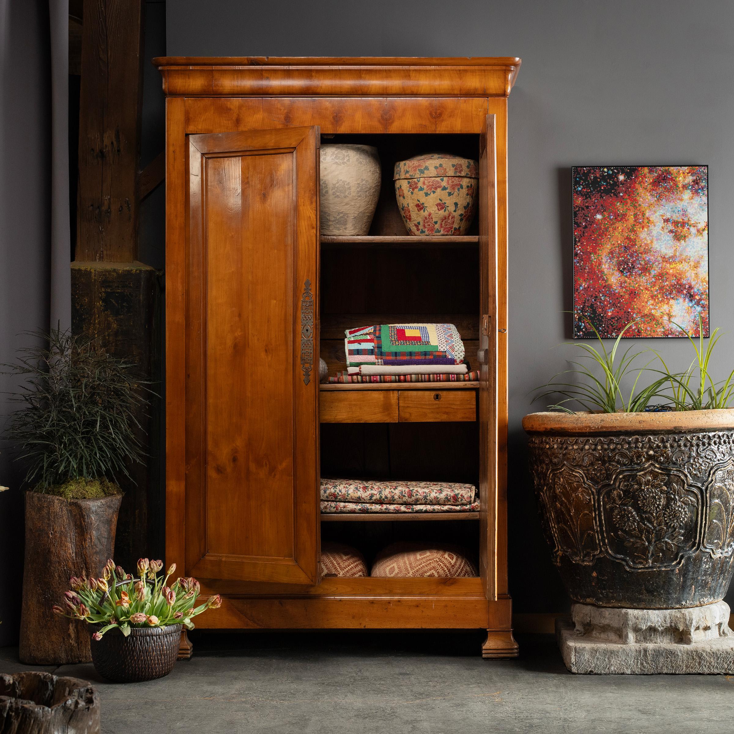 Cette élégante armoire française datant du milieu du XIXe siècle a été fabriquée dans le style Louis Philippe avec des formes épurées et un placage d'érable brun chaud et lumineux. Ce meuble bien proportionné présente la simplicité tranquille du