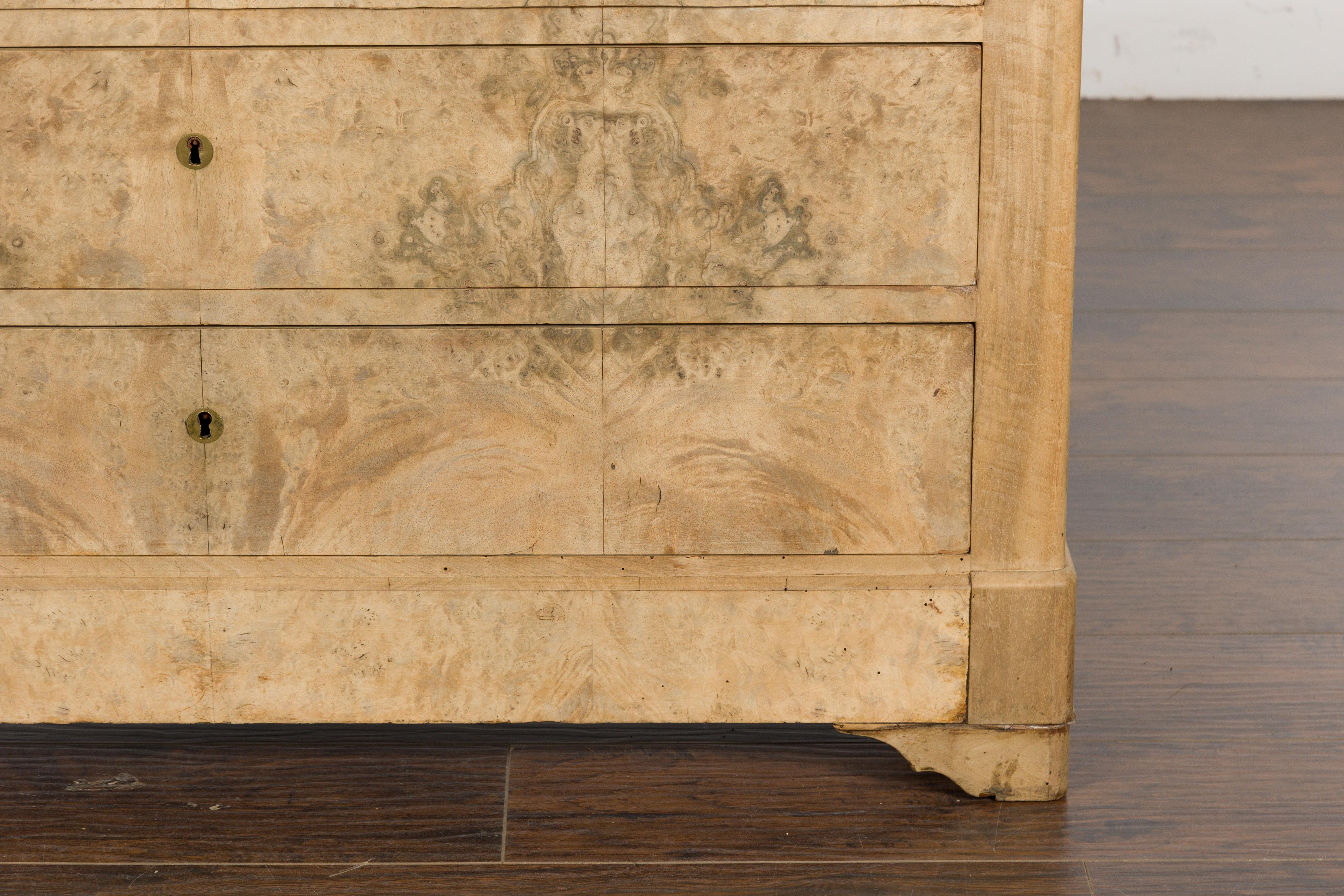 Marble French Louis-Philippe Bleached Four-Drawer Commode with Butterfly Veneer For Sale