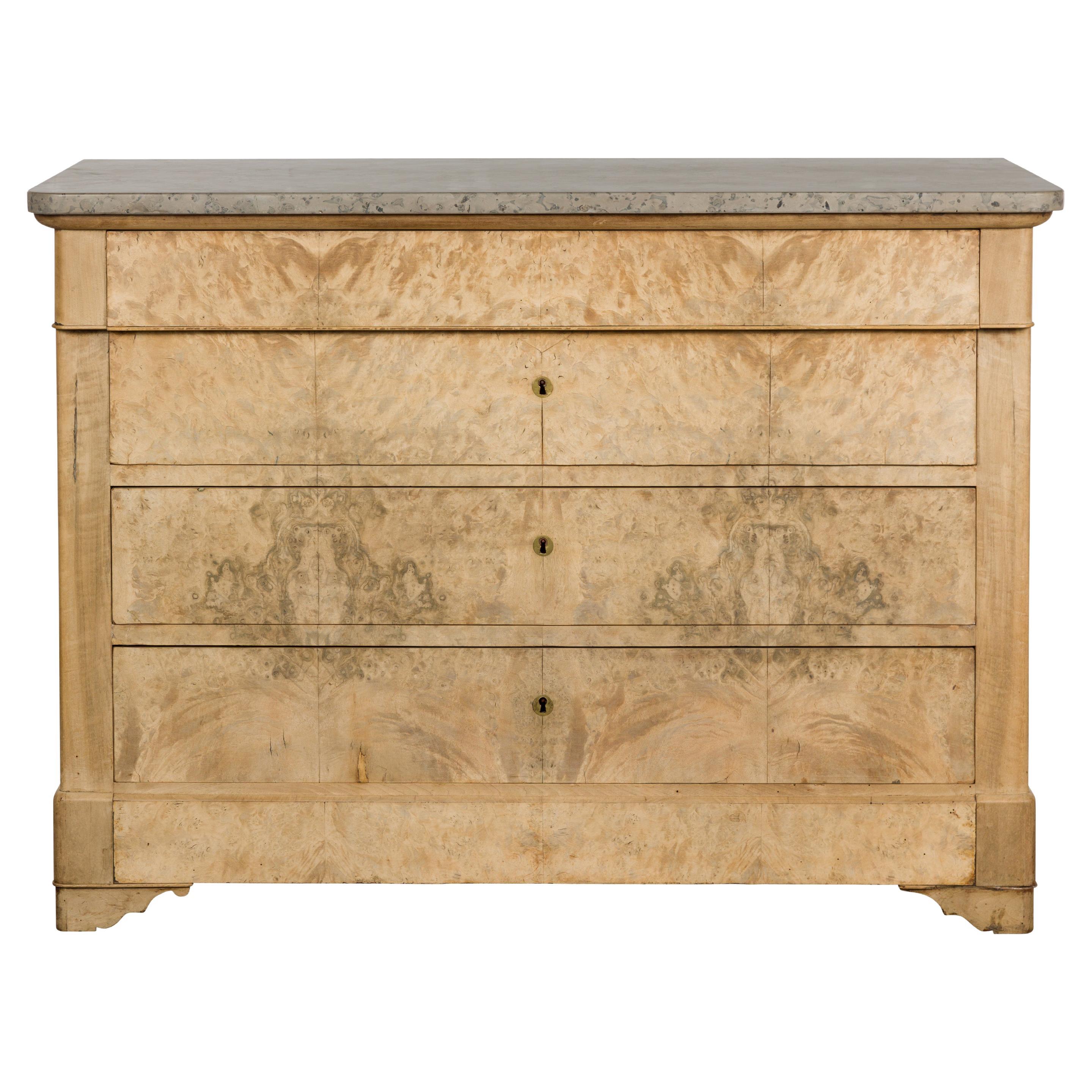 French Louis-Philippe Bleached Four-Drawer Commode with Butterfly Veneer For Sale