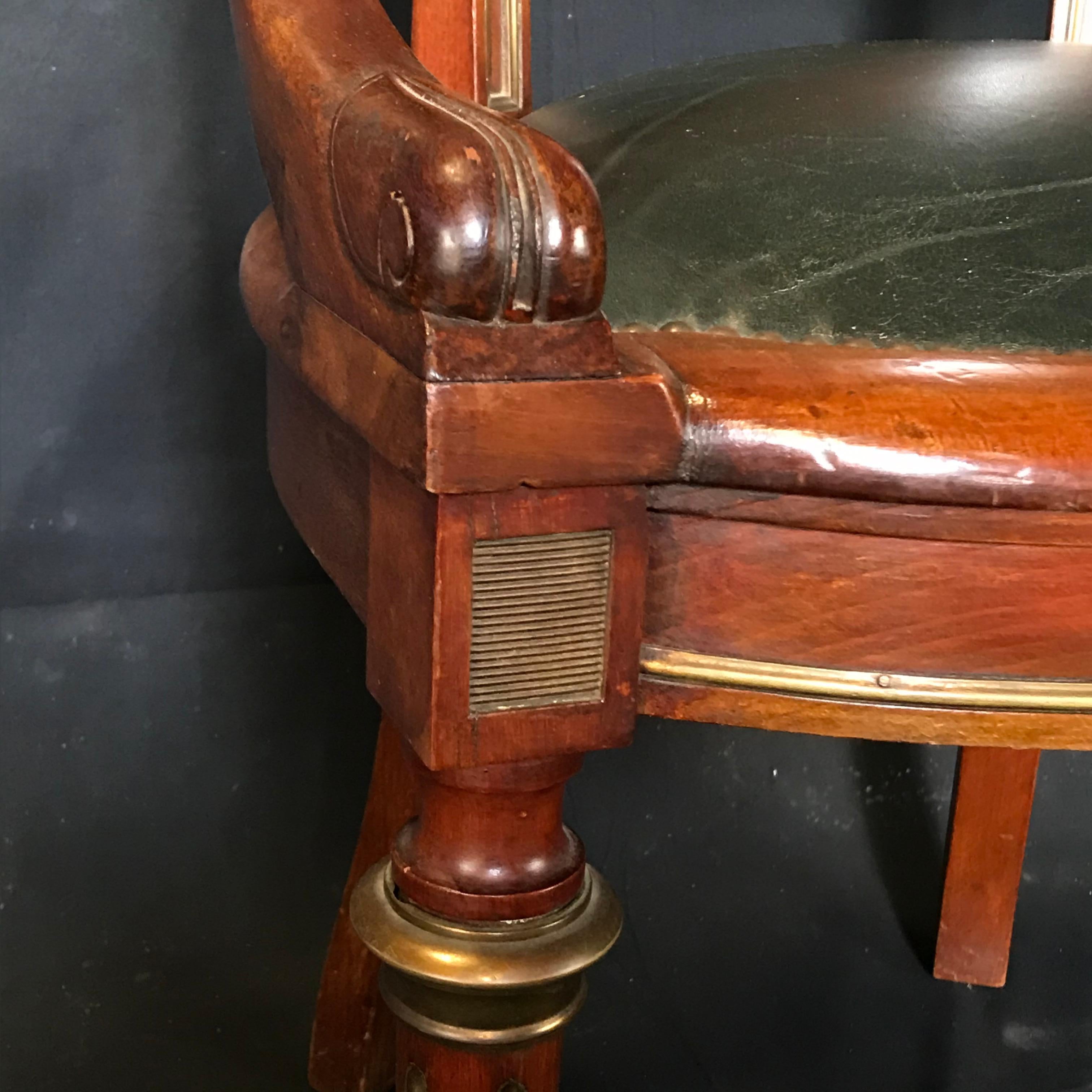 French Louis Philippe Brass Trimmed Leather and Walnut Desk Chair In Excellent Condition In Hopewell, NJ