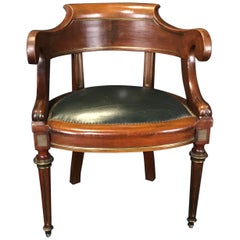 Antique French Louis Philippe Brass Trimmed Leather and Walnut Desk Chair
