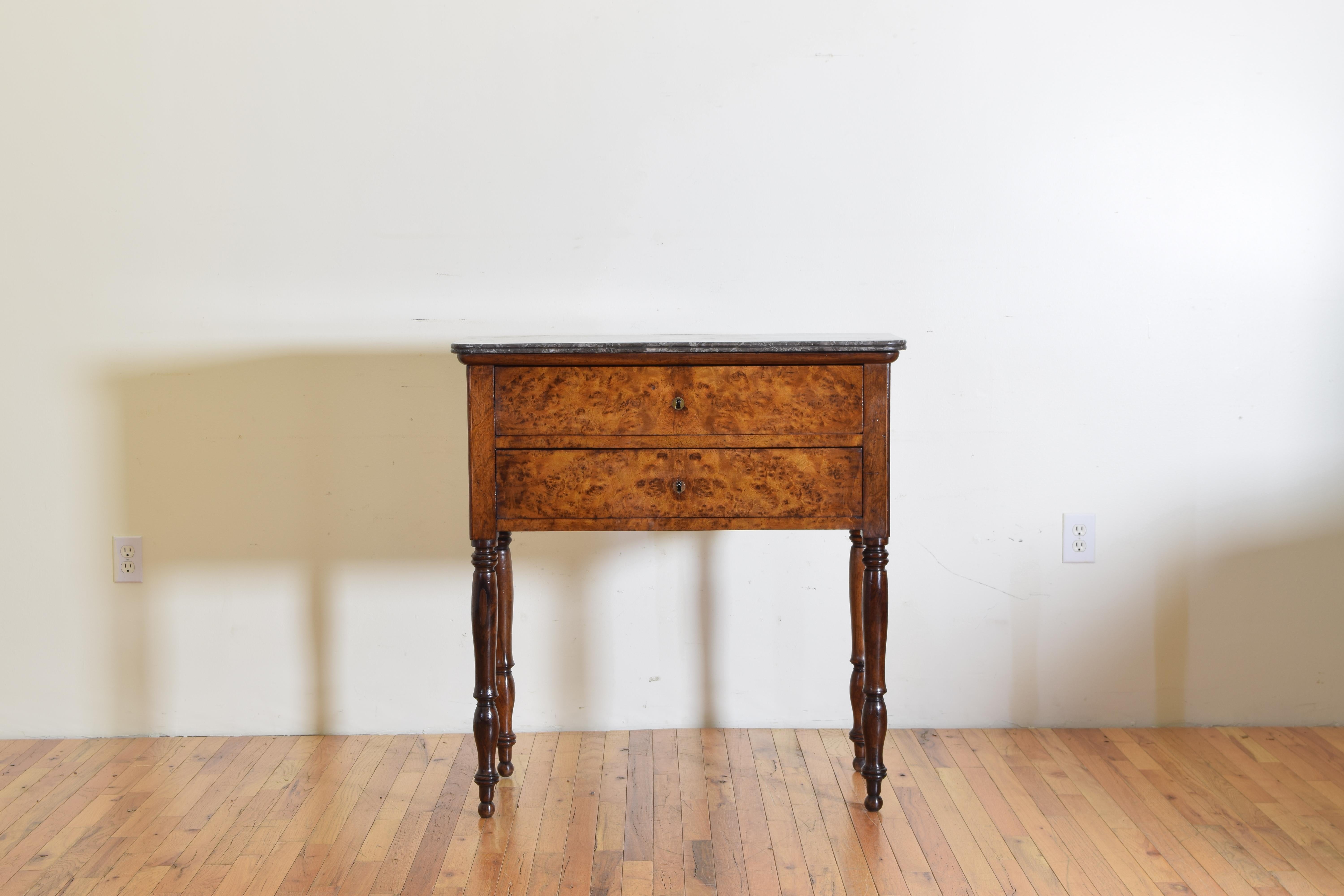 French Louis Philippe Burl Walnut 2-Drawer Tall Commode, Marble Top, Mid 19thc In Good Condition In Atlanta, GA