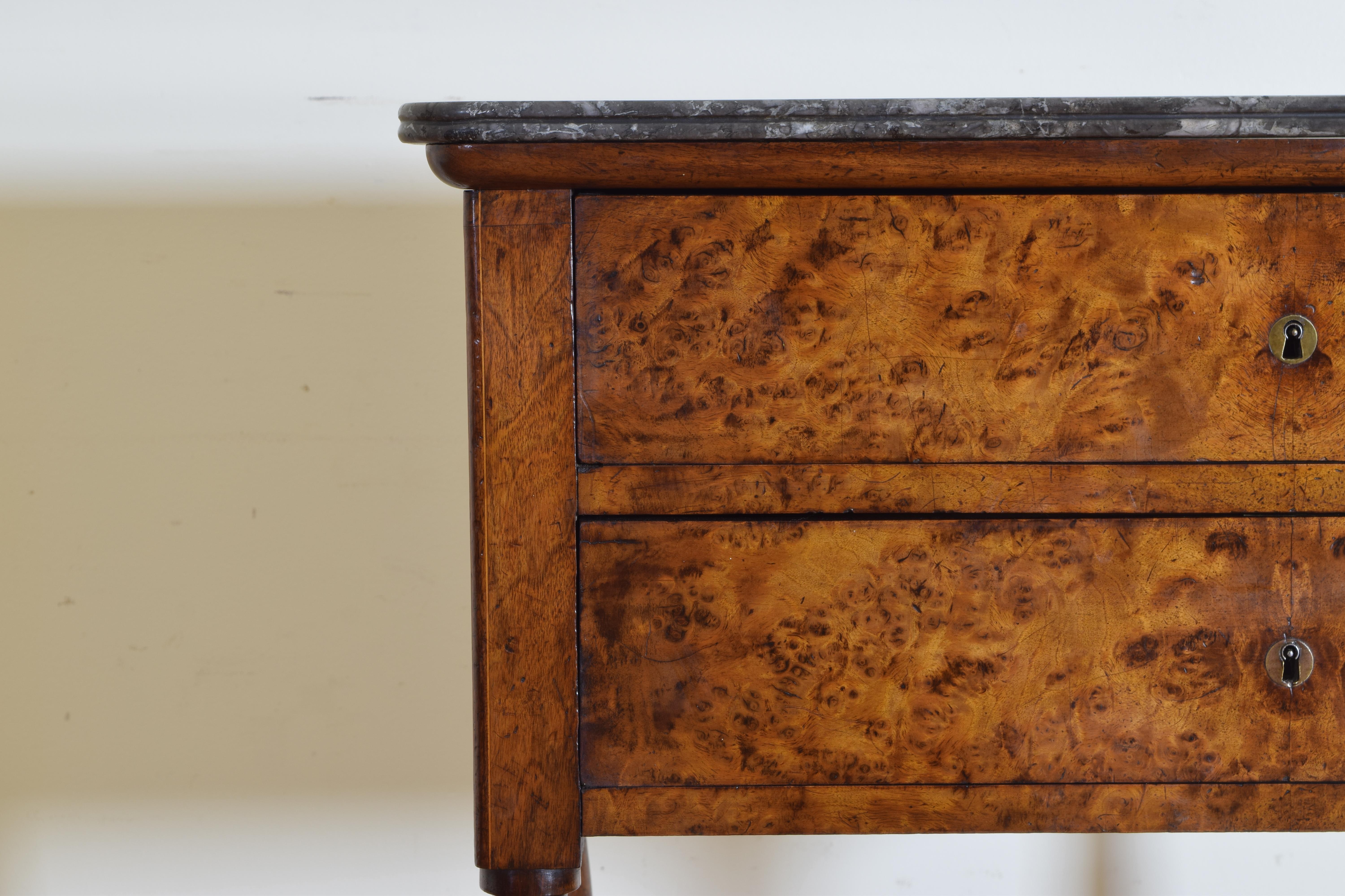French Louis Philippe Burl Walnut 2-Drawer Tall Commode, Marble Top, Mid 19thc 1