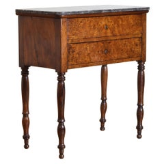 French Louis Philippe Burl Walnut 2-Drawer Tall Commode, Marble Top, Mid 19thc