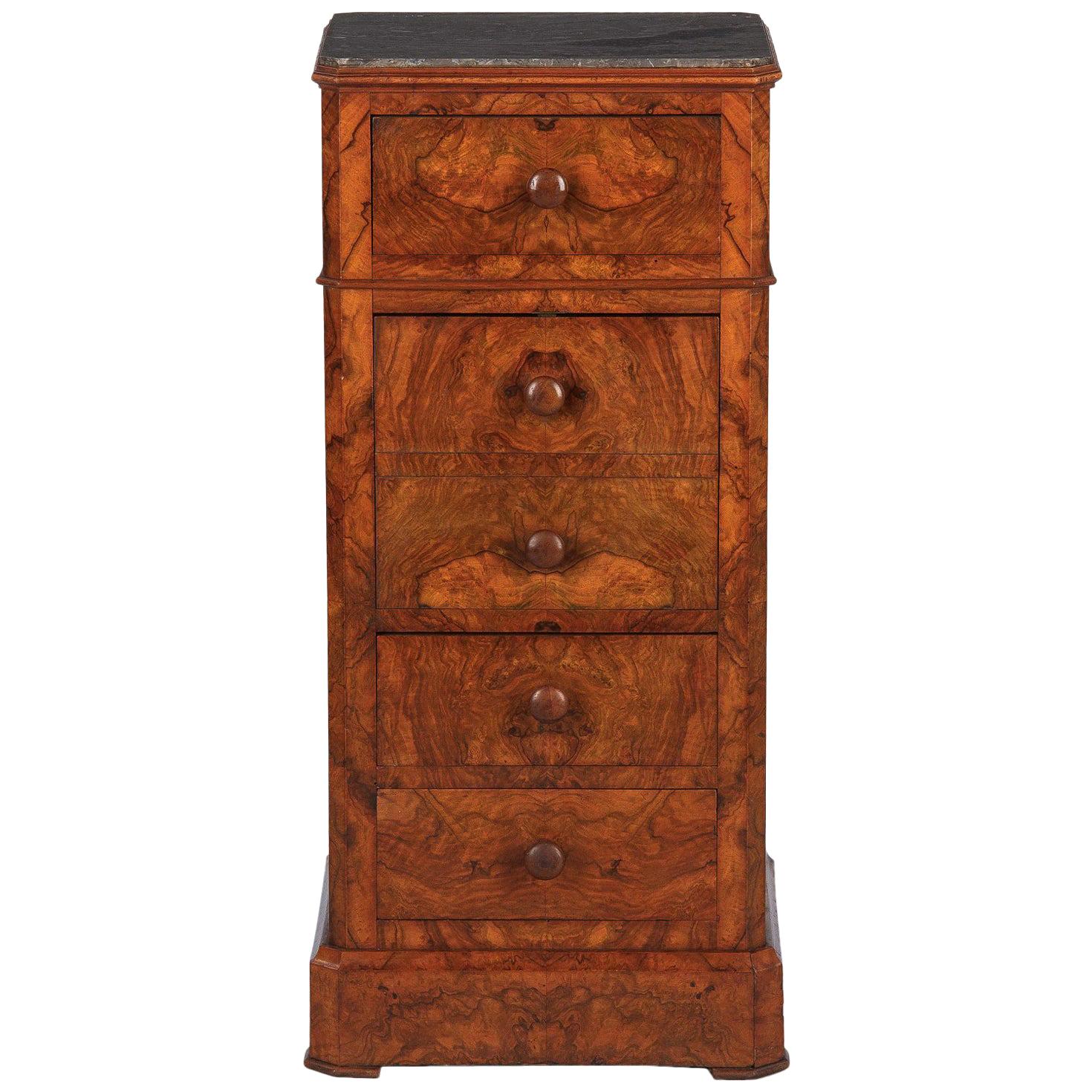 French Louis Philippe Burl Walnut Cabinet Nightstand with Marble Top, Mid-1800s