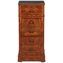 French Louis Philippe Burl Walnut Cabinet Nightstand with Marble Top, Mid-1800s