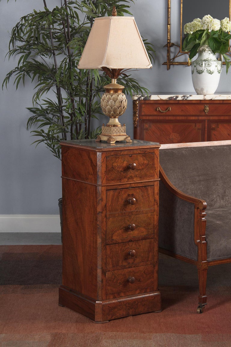 French Louis Philippe Burl Walnut Nightstand with Marble Top