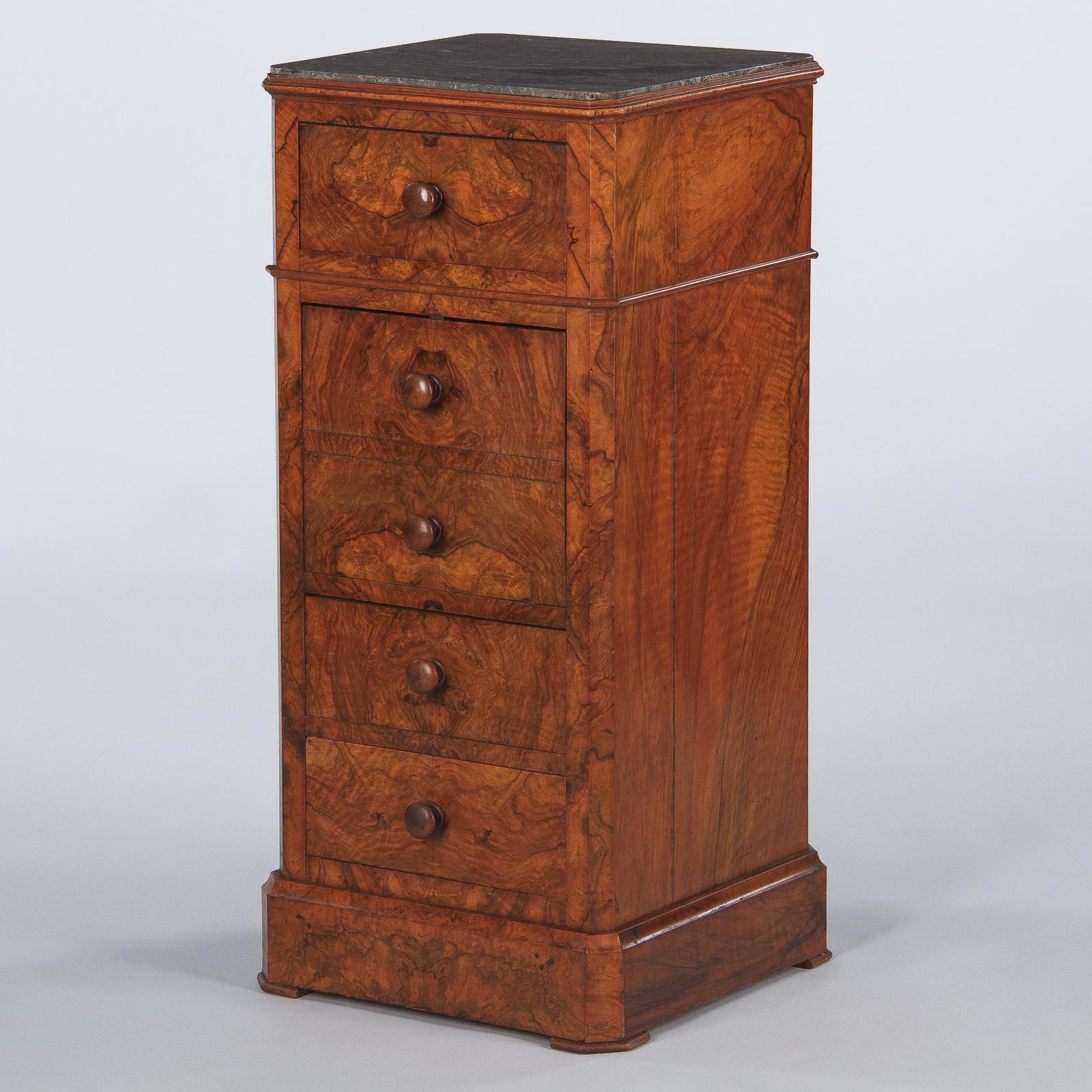 Veneer French Louis Philippe Burl Walnut Cabinet Nightstand with Marble Top, Mid-1800s