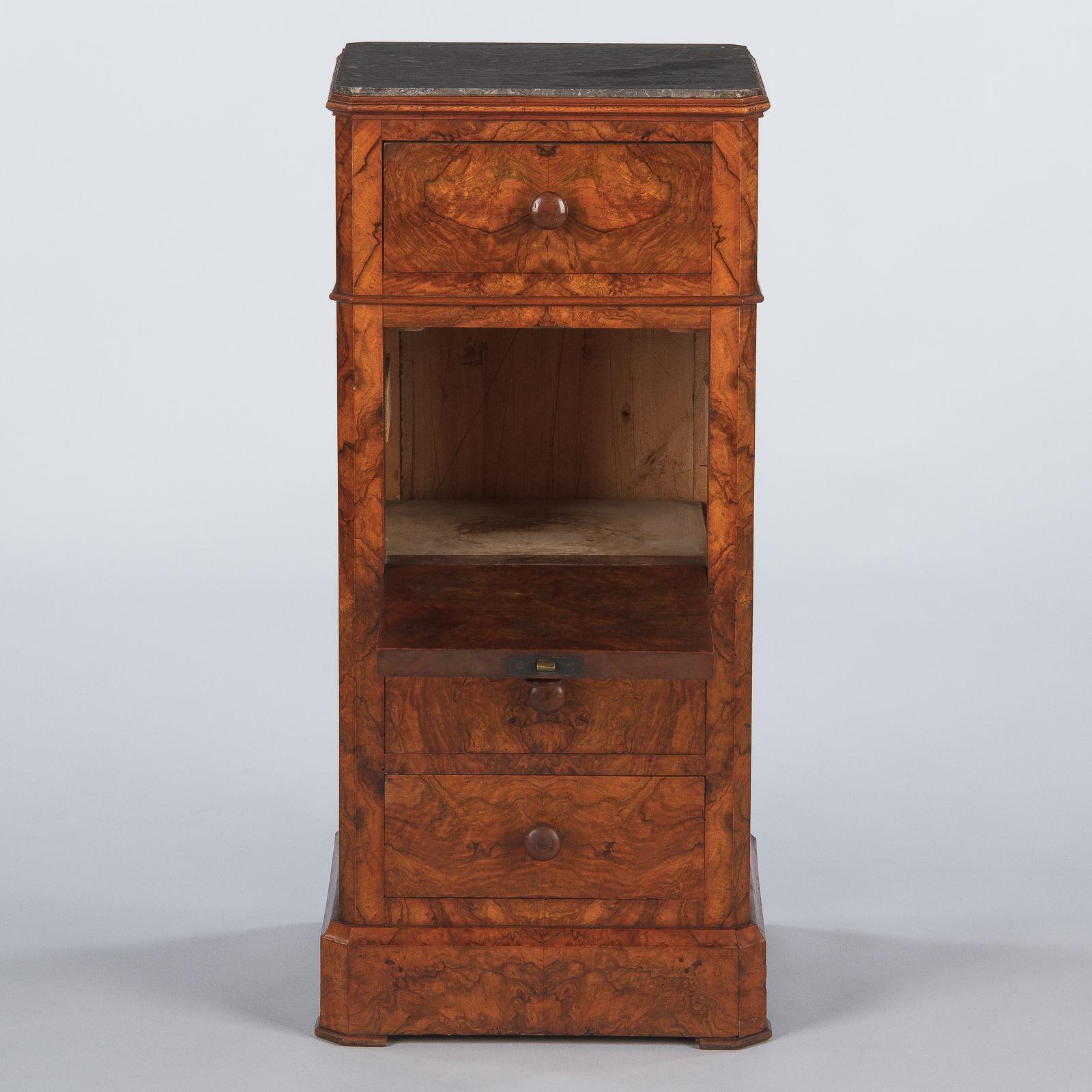 19th Century French Louis Philippe Burl Walnut Cabinet Nightstand with Marble Top, Mid-1800s