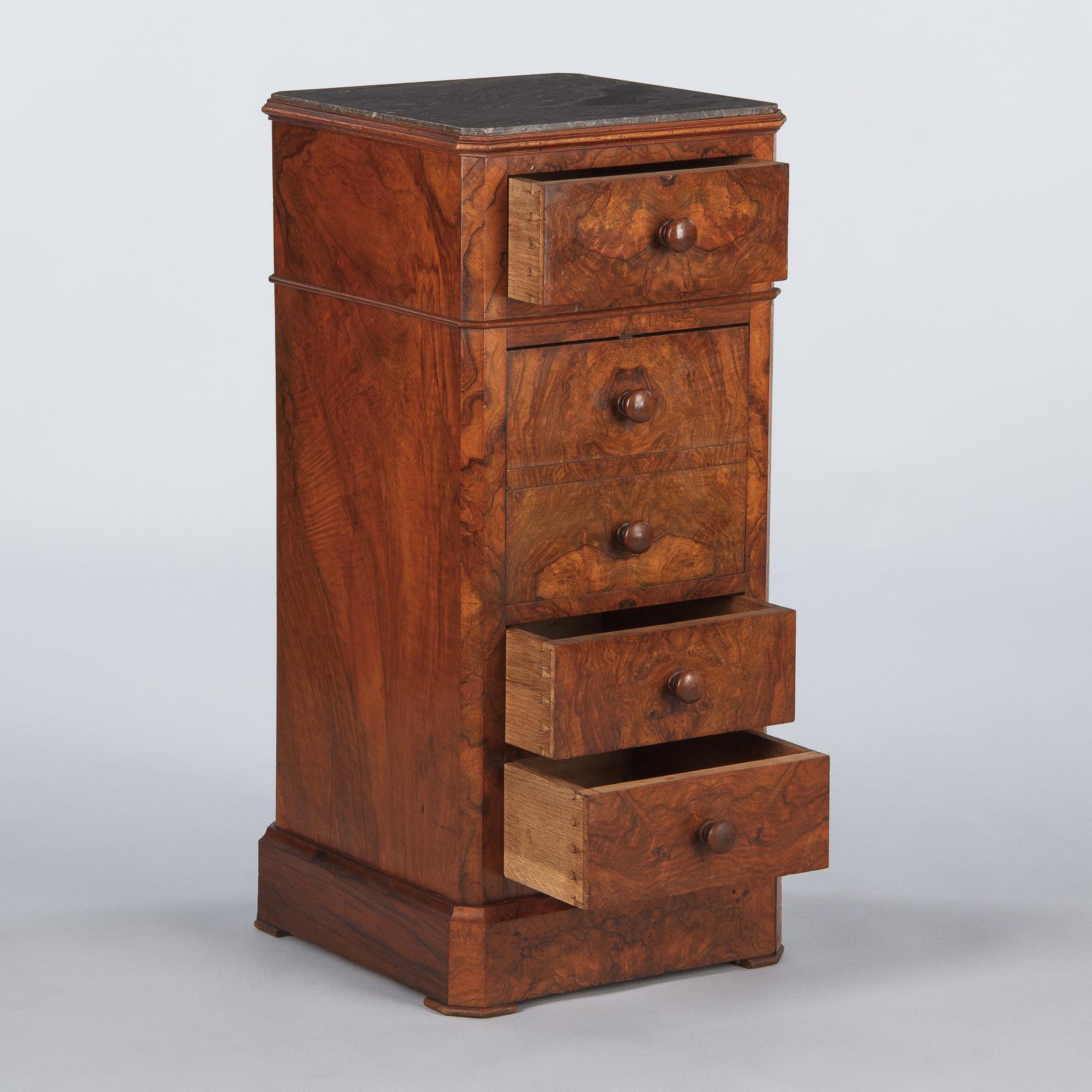 French Louis Philippe Burl Walnut Cabinet Nightstand with Marble Top, Mid-1800s 1
