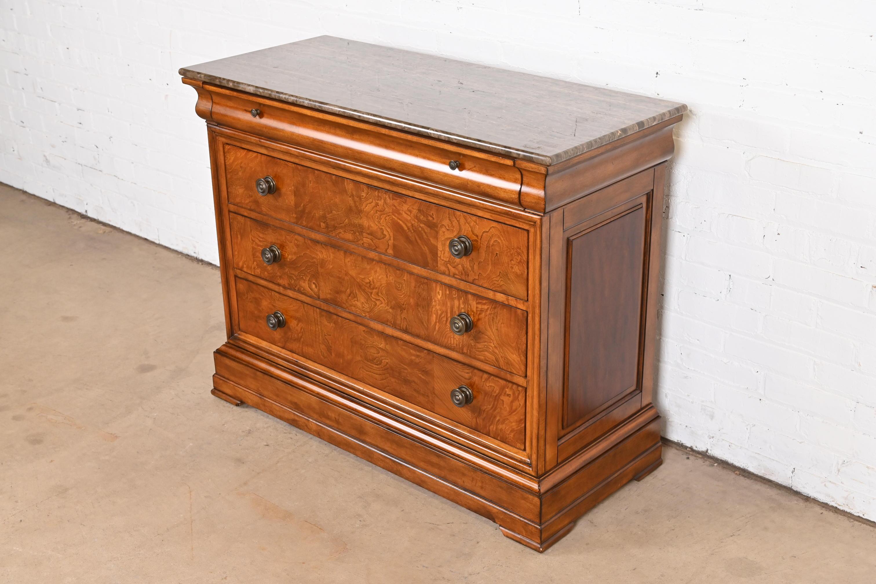 American French Louis Philippe Cherry and Burl Wood Marble Top Chest of Drawers
