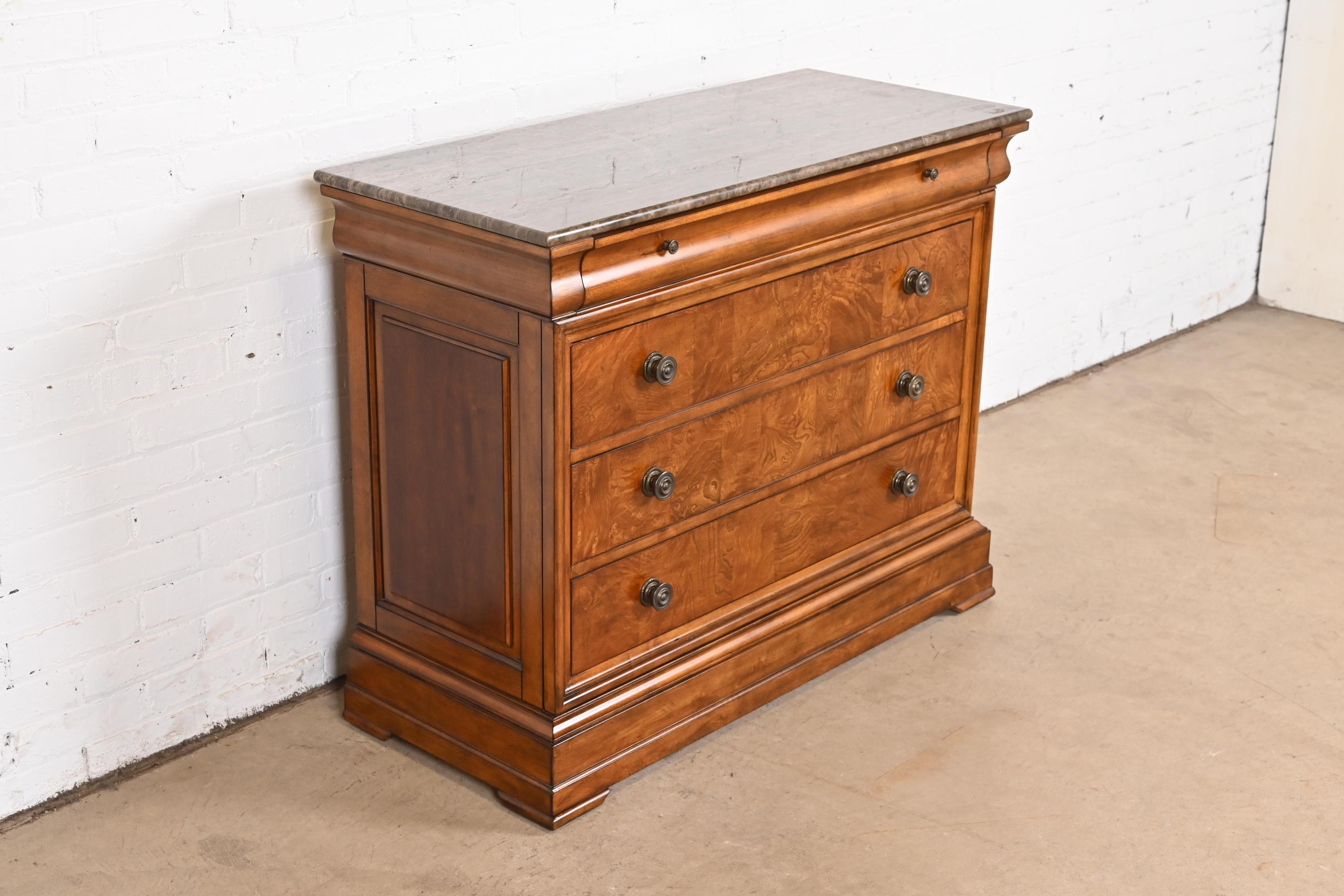 French Louis Philippe Cherry and Burl Wood Marble Top Chest of Drawers In Good Condition In South Bend, IN
