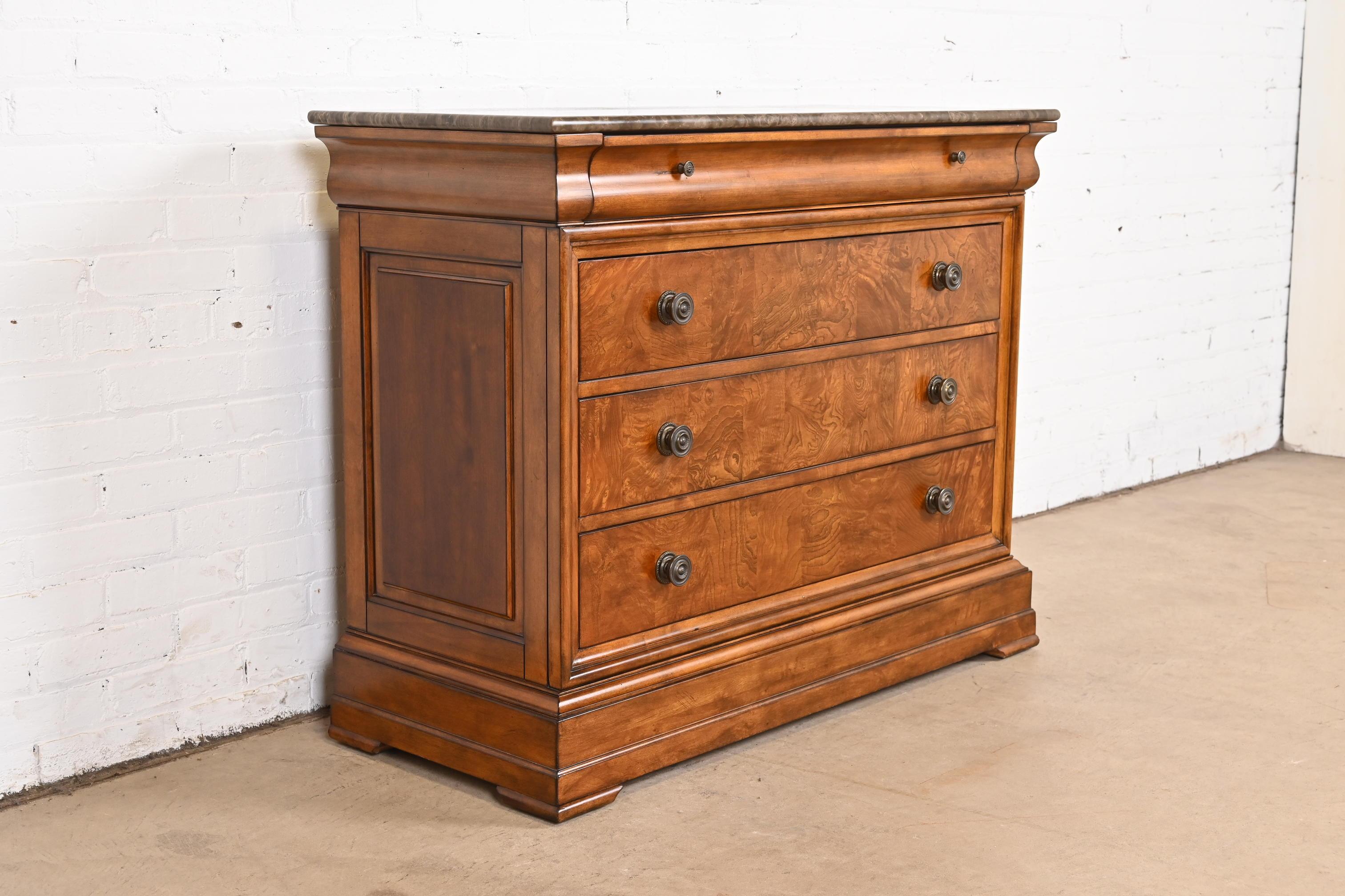 20th Century French Louis Philippe Cherry and Burl Wood Marble Top Chest of Drawers