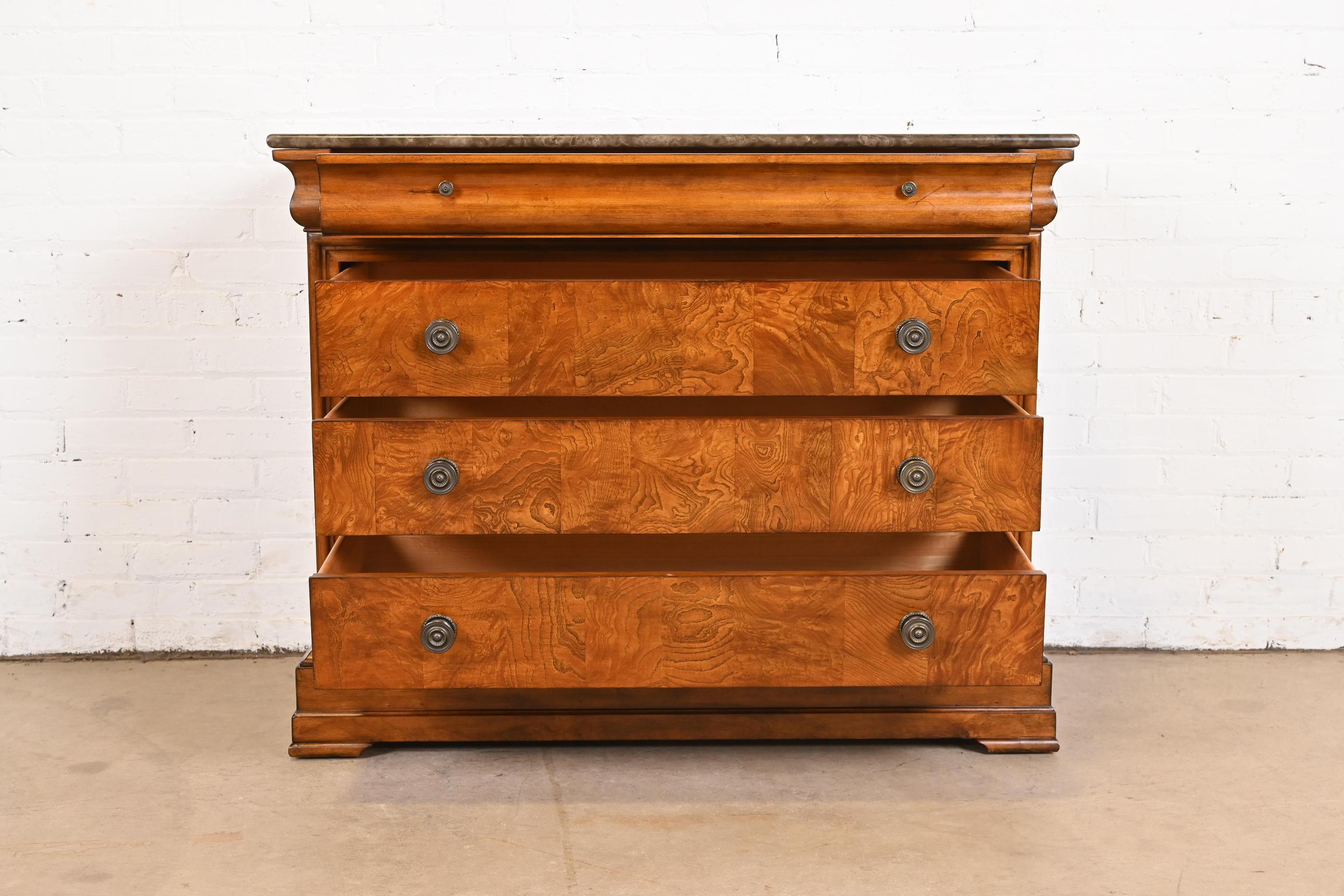 Brass French Louis Philippe Cherry and Burl Wood Marble Top Chest of Drawers