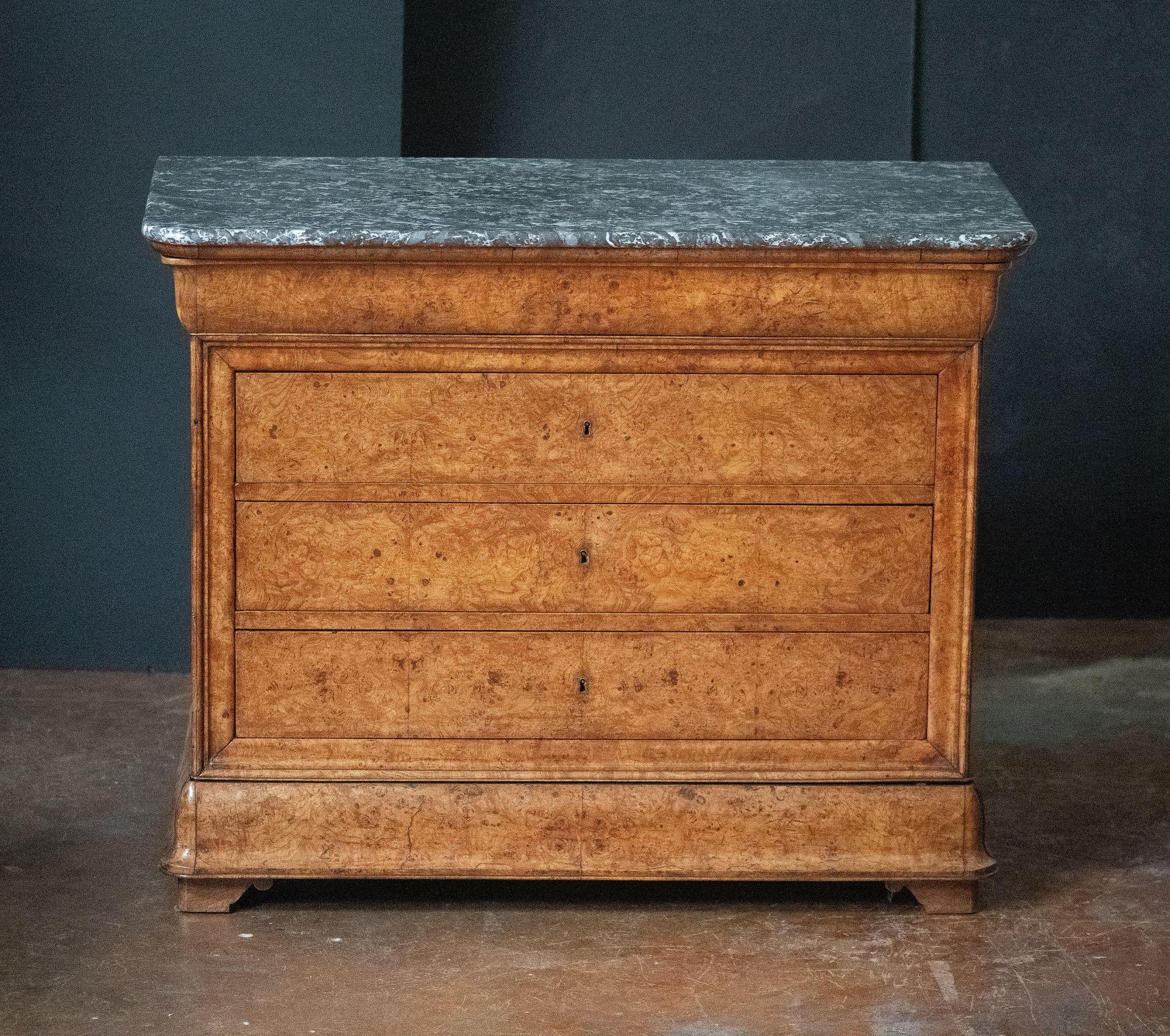 French Louis Philippe Chest or Commode of Burr Ash with Marble Top In Good Condition For Sale In Austin, TX