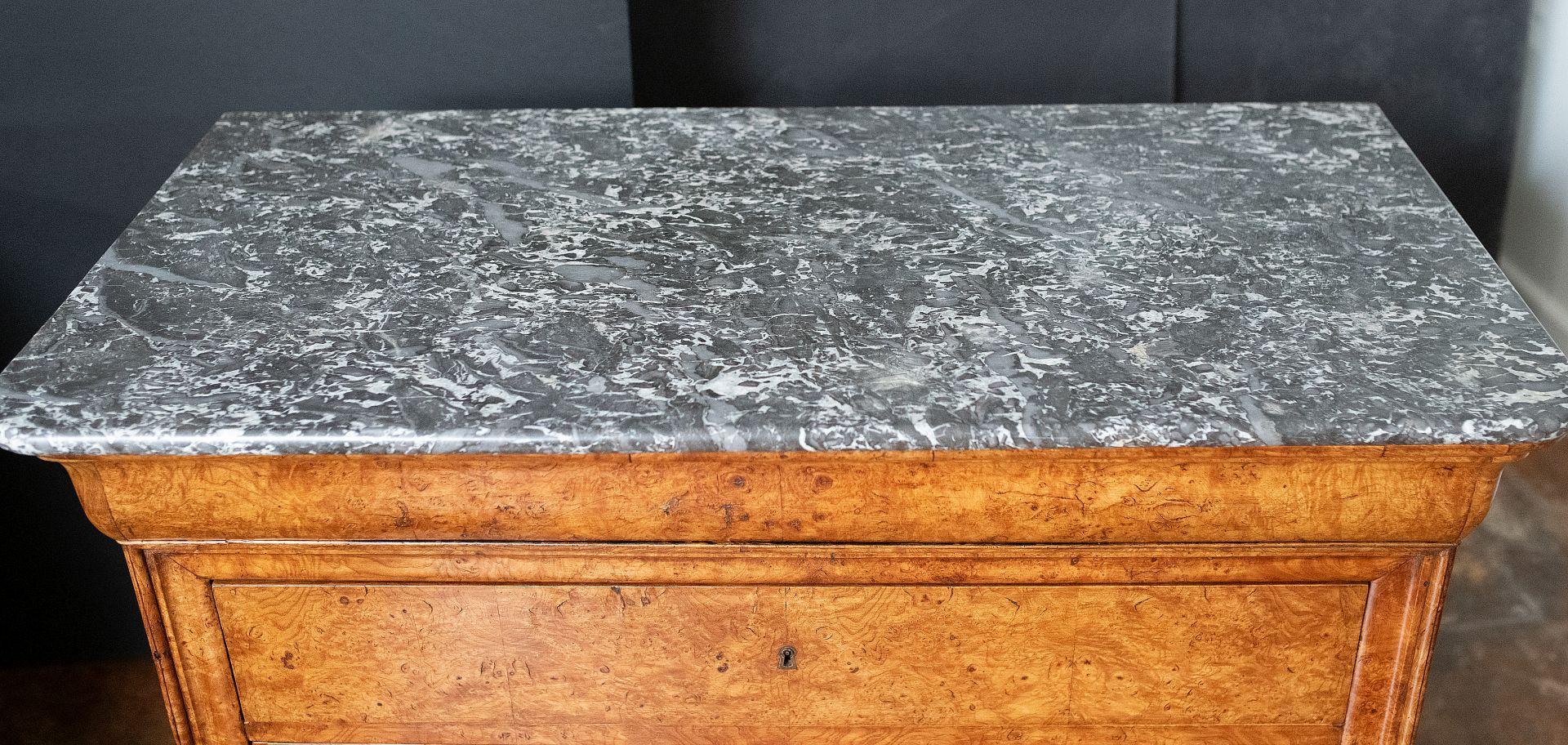 Metal French Louis Philippe Chest or Commode of Burr Ash with Marble Top For Sale