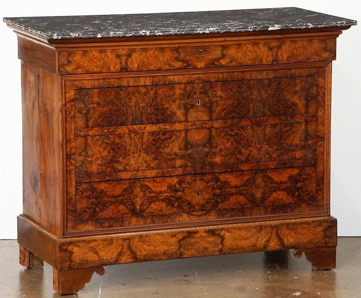 French Louis Philippe Chest or Commode of Burr Walnut with Marble Top  In Good Condition For Sale In Austin, TX