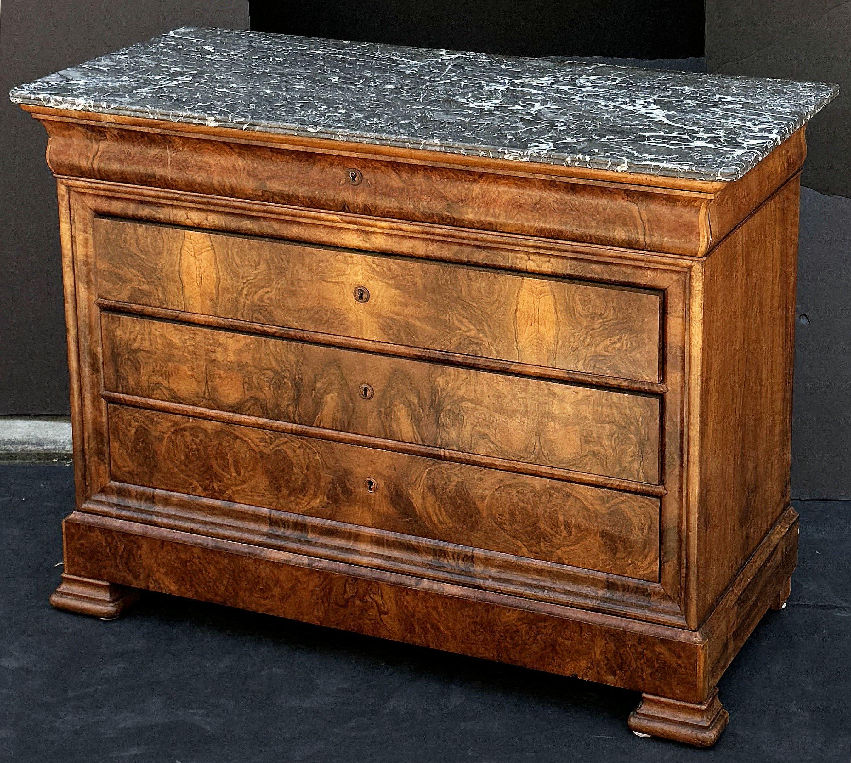 French Louis Philippe Chest or Commode of Burr Walnut with Marble Top In Good Condition In Austin, TX